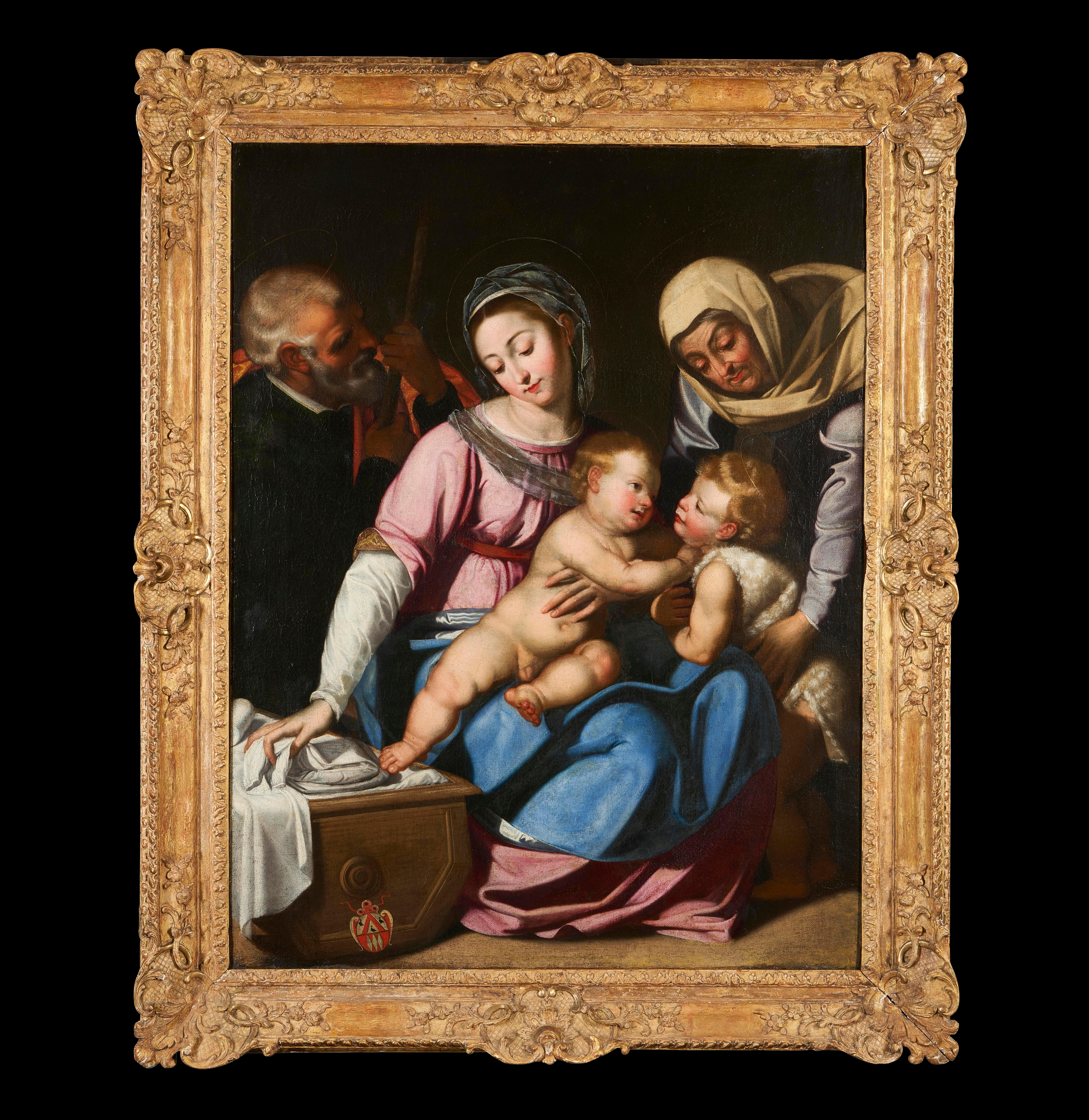 Figurative Painting de Scipione Pulzone, called Il Gaetano (Gaeta 1544 - Rome 1598) - La Sagrada Familia con los jóvenes St. John The Baptist y St Elizabeth