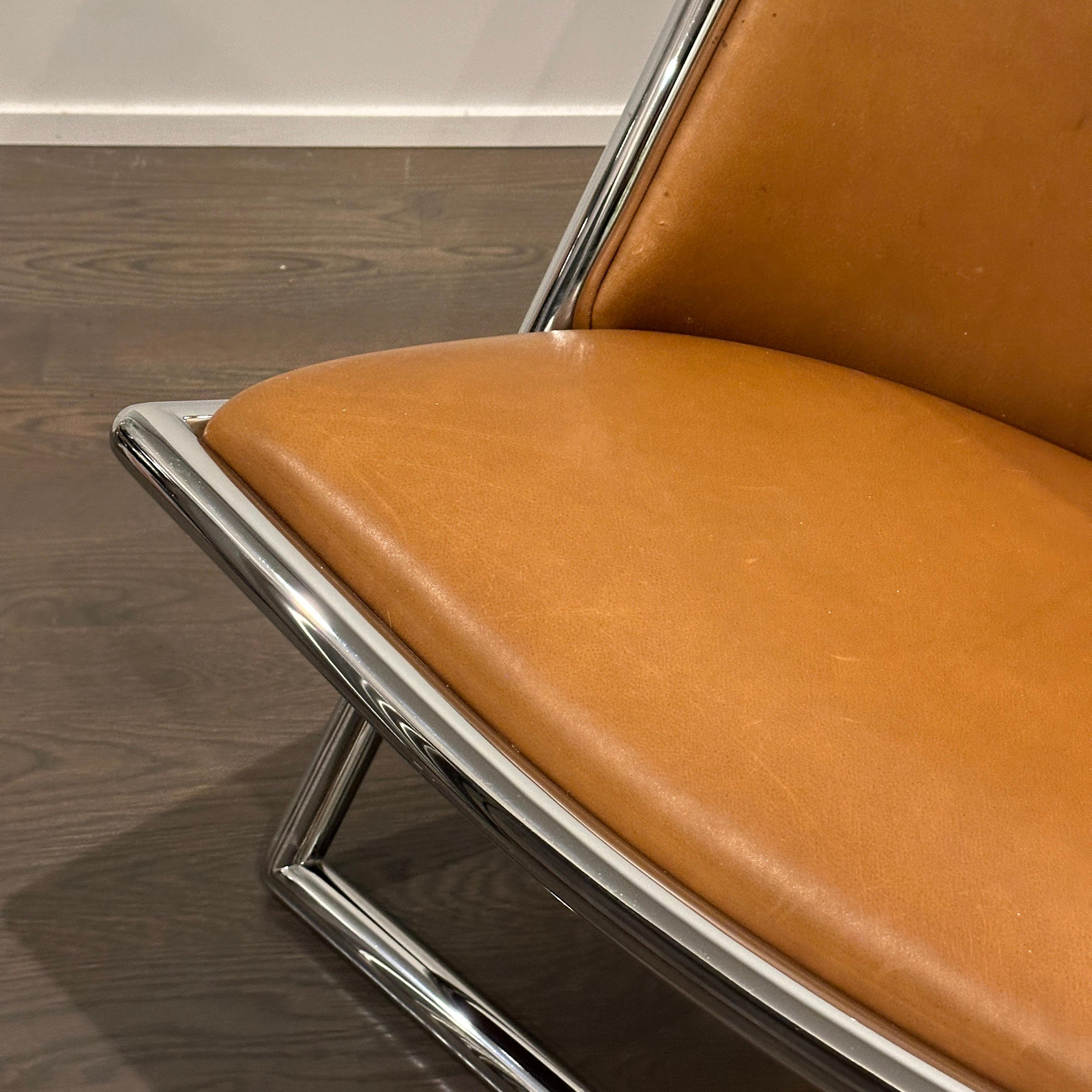 American Scissor Chair by Ward Bennett in Original Brown Leather For Sale