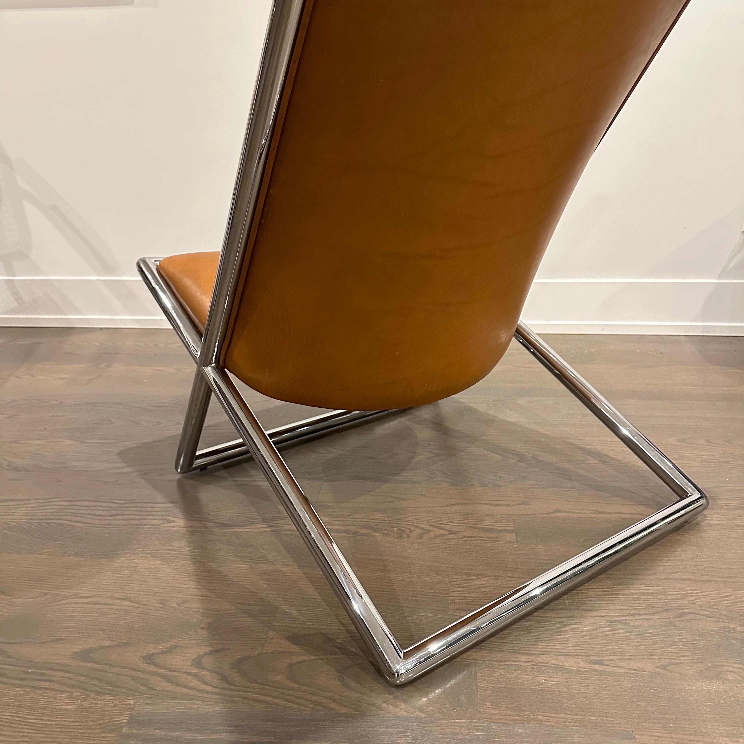 Scissor Chair by Ward Bennett in Original Brown Leather In Good Condition For Sale In Chicago, IL