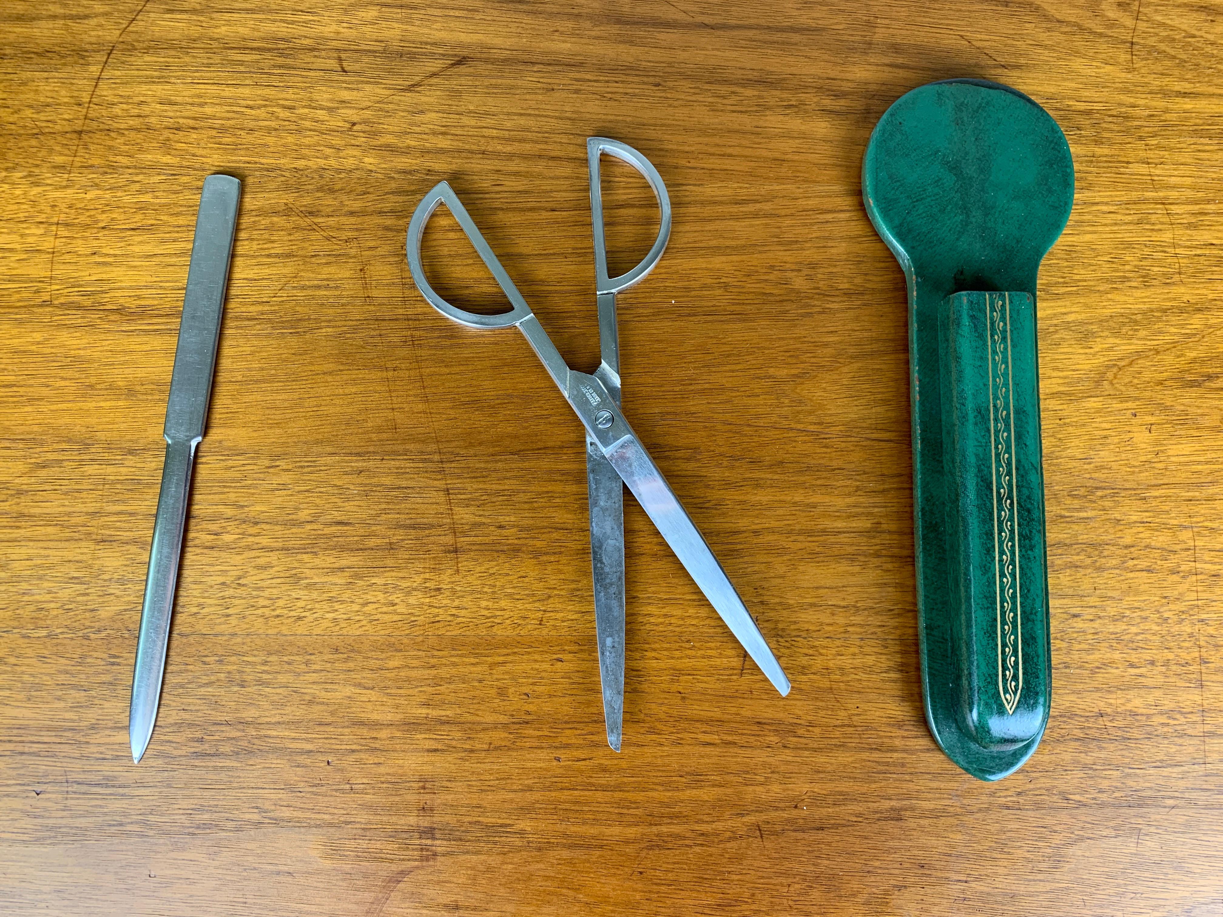 Scissor, Letter Opener, Leather Desk Set For Sale 1