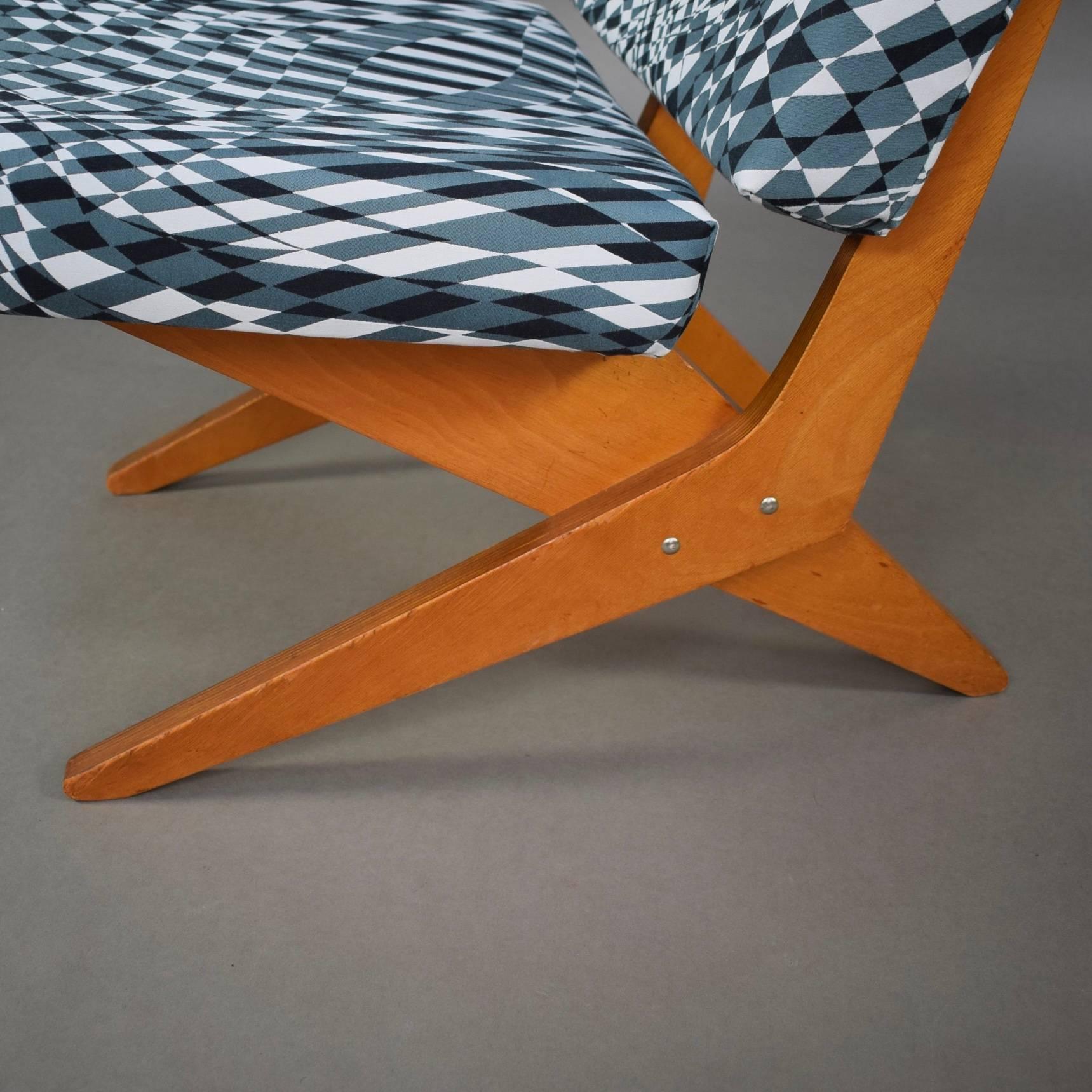 Veneer Scissor Lounge Chair by Jan Van Grunsven for Pastoe, New Upholstery, 1957 For Sale