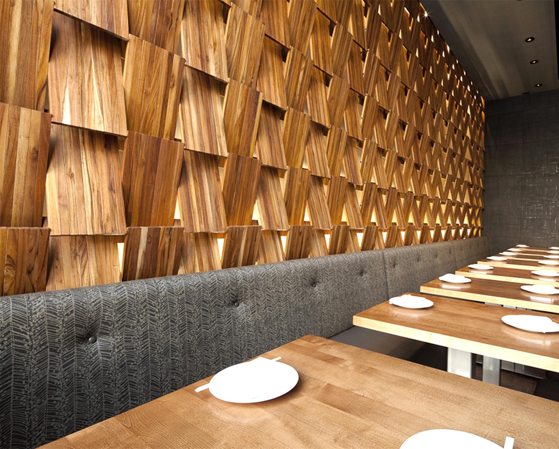 A sculptural wooden wall surface for dividing and enhancing space. Or use it against a wall to add depth and shadow to a space. Can be installed vertical or horizontal, within a frame or without. 

Available in various hardwoods. Price varies based