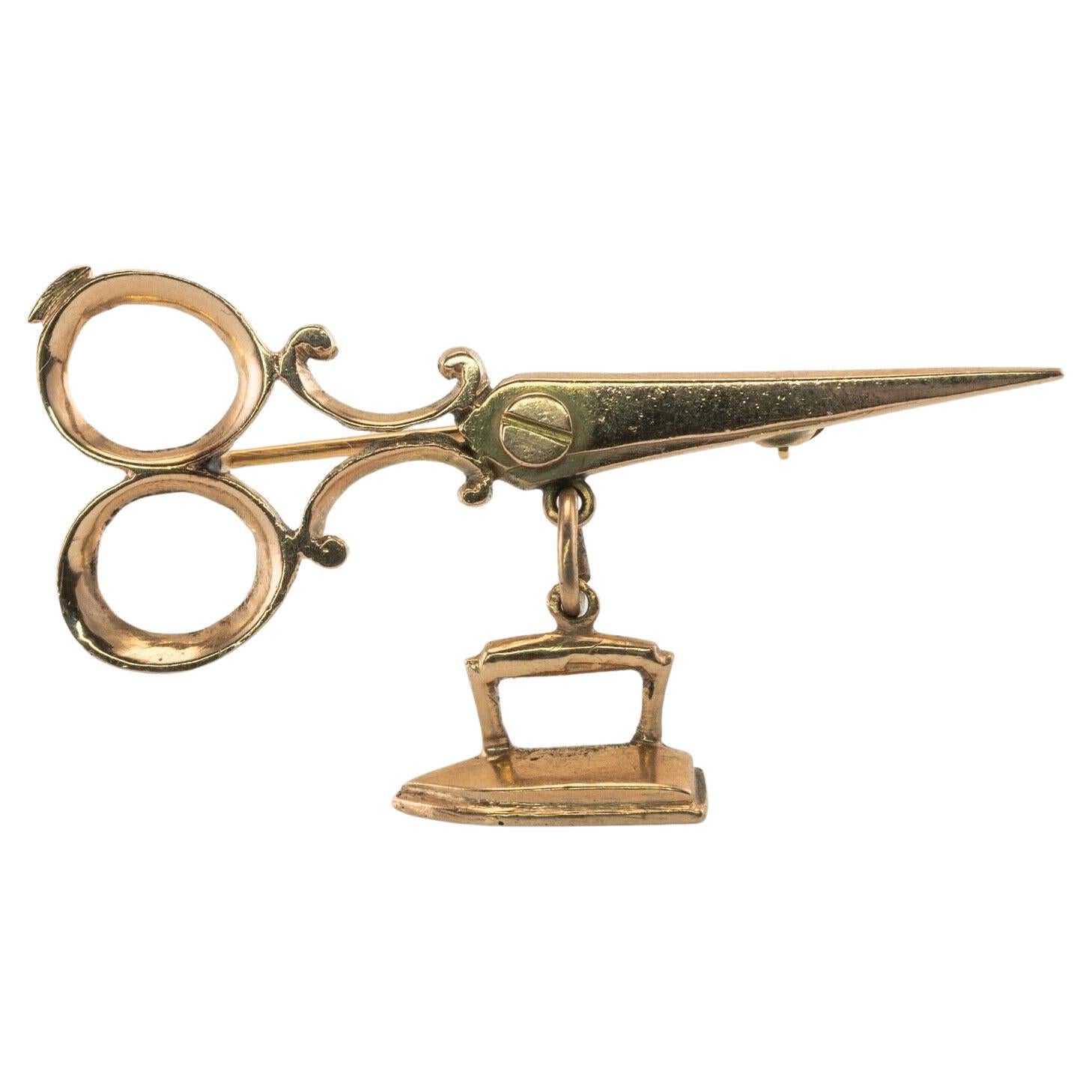 Scissors with Iron Brooch Pin 14K Pink Gold Seamstress Vintage For Sale at 1stDibs