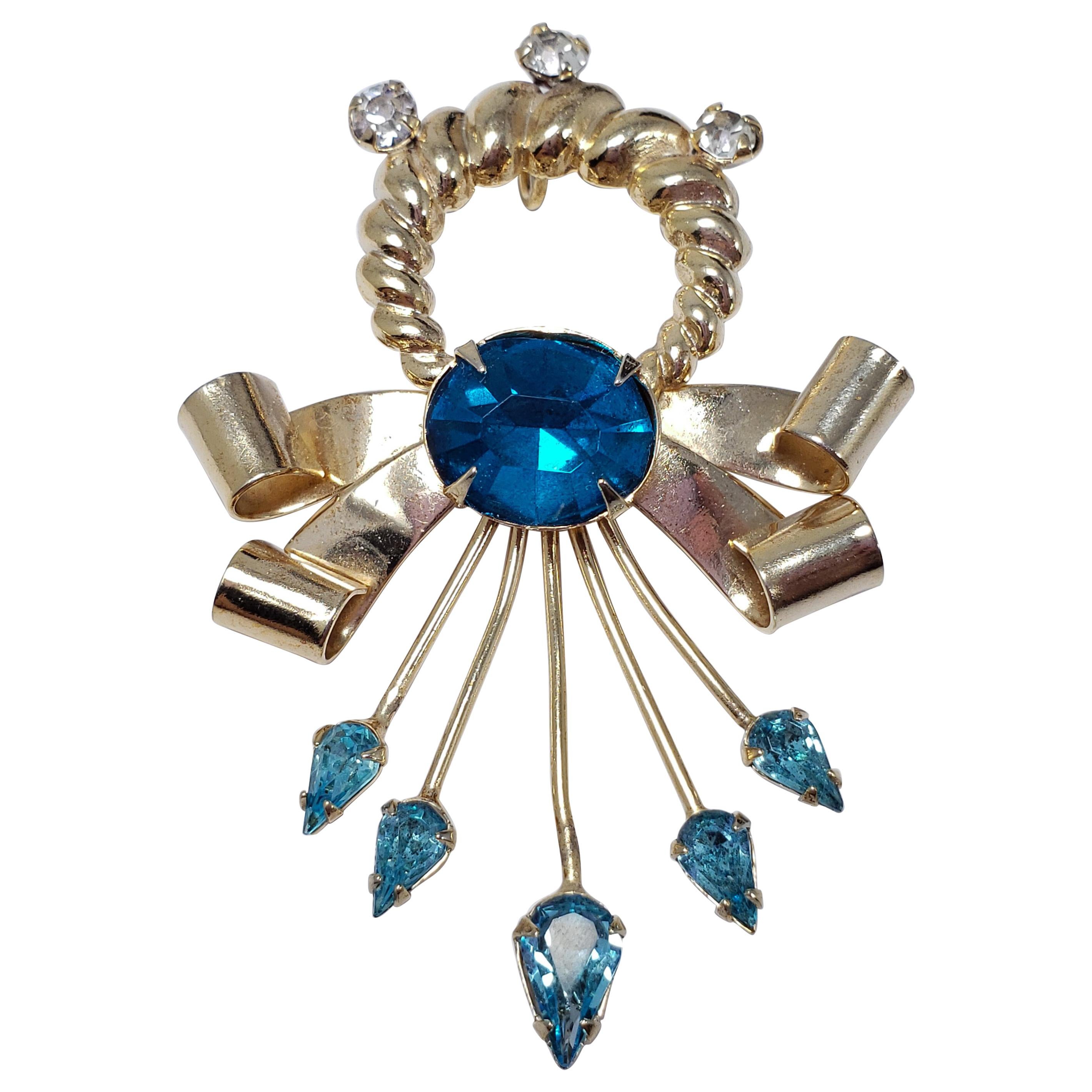 Scitarelli Flower and Bow Blue and White Crystal Pin Brooch Pendant, 1950s
