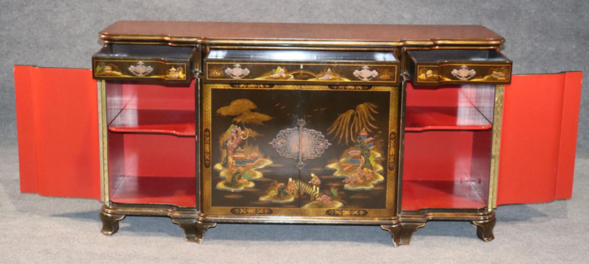 American Schmieg and Kotzian Chinoiserie Paint Decorated Georgian Sideboard Buffet C1950