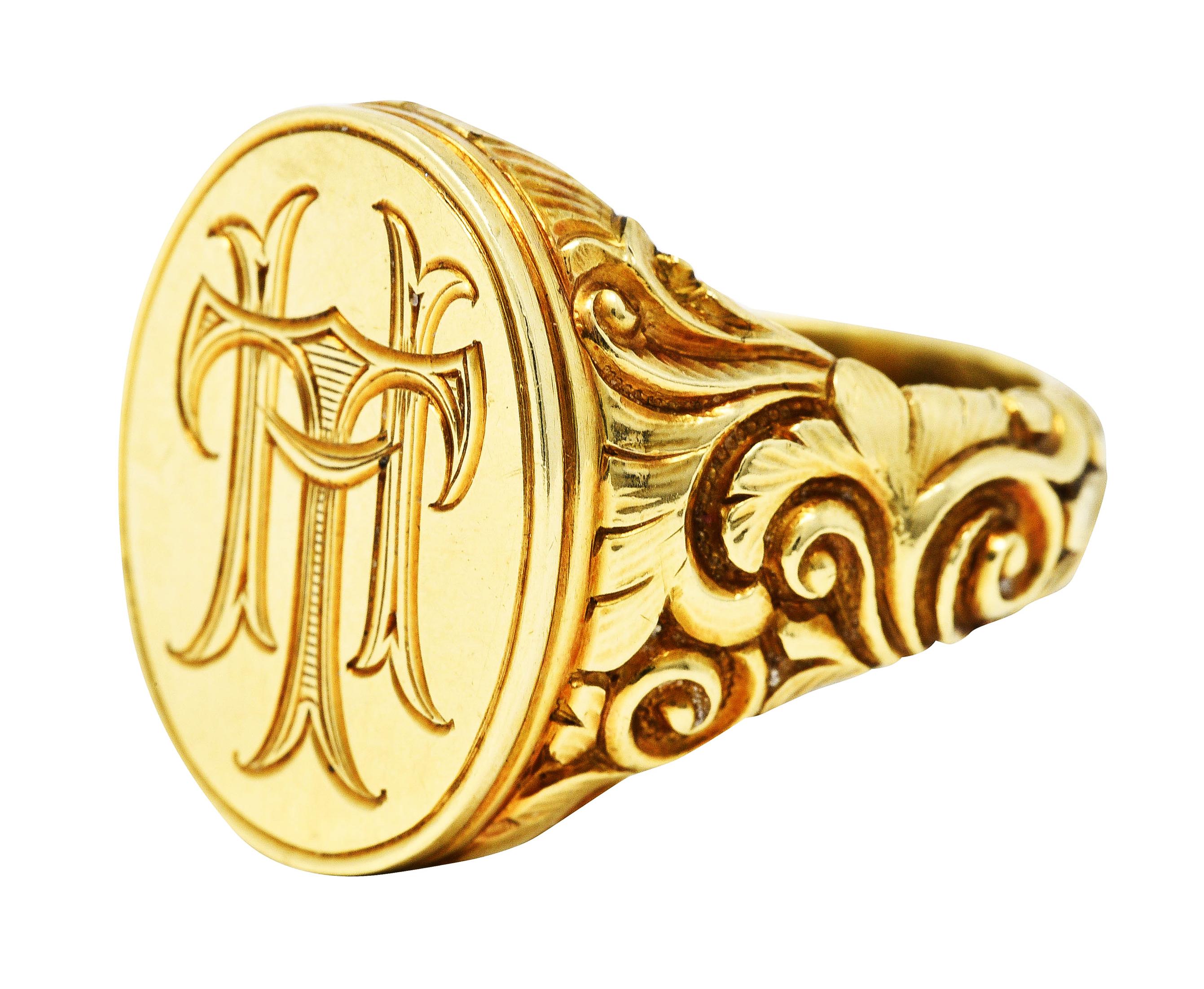 Art Deco Scofield & Co. Art Nouveau 14 Karat Yellow Gold Scrolling Unisex Signet Ring