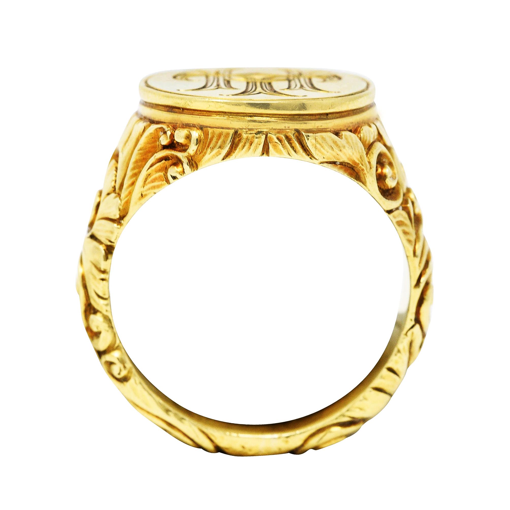Scofield & Co. Art Nouveau 14 Karat Yellow Gold Scrolling Unisex Signet Ring 1