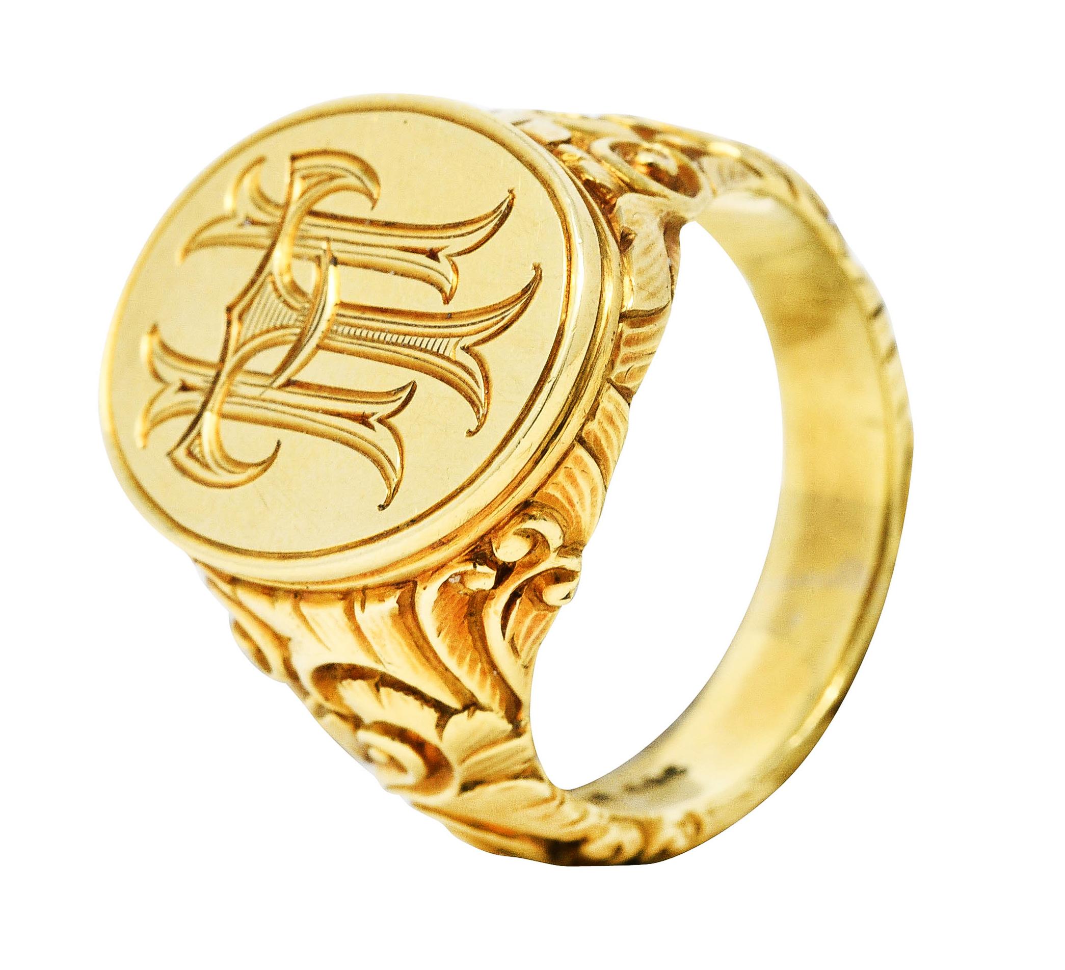 Scofield & Co. Art Nouveau 14 Karat Yellow Gold Scrolling Unisex Signet Ring 2