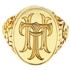 Scofield & Co. Art Nouveau 14 Karat Yellow Gold Scrolling Unisex Signet Ring