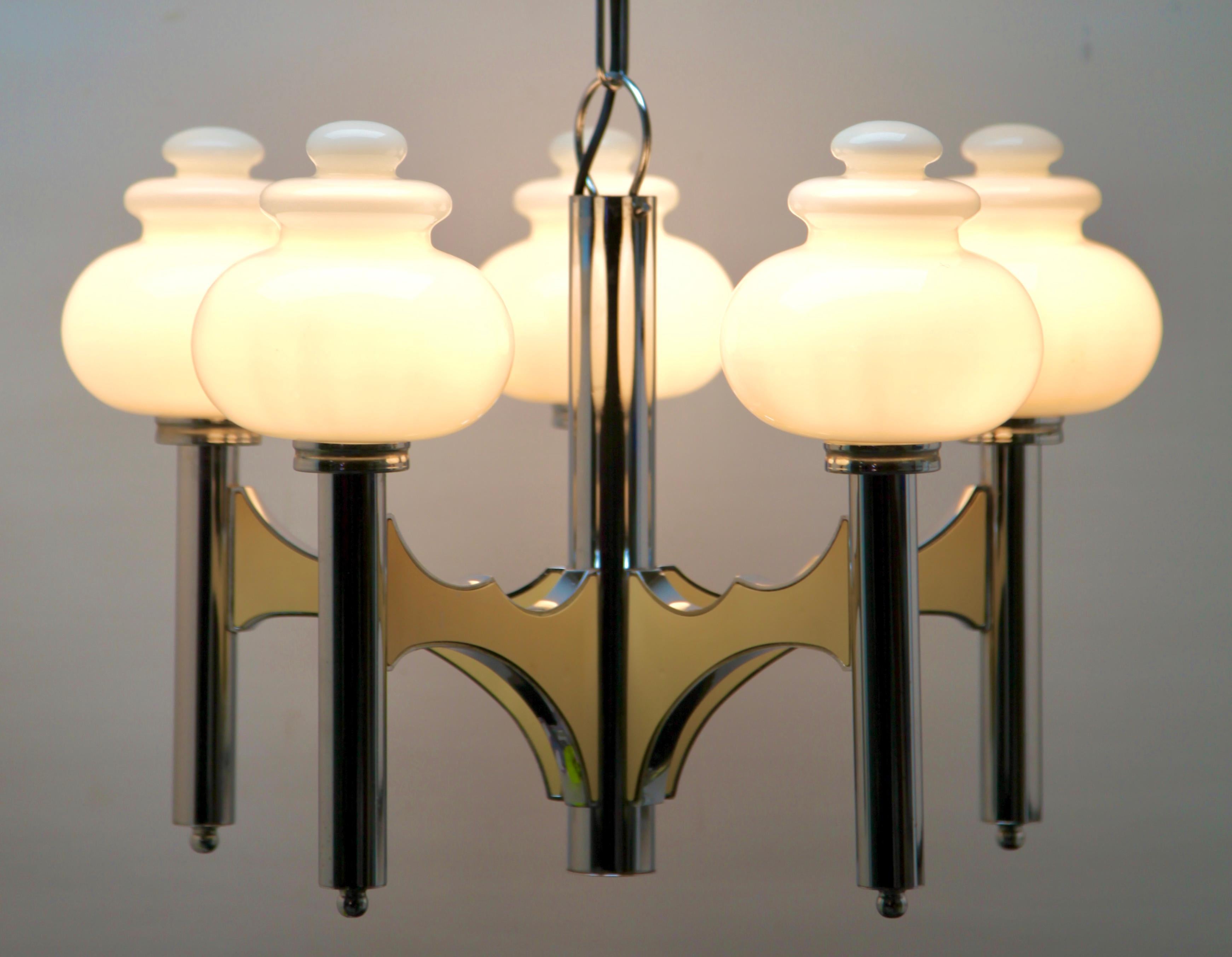 Scolari Five, Arms Chrome and Fife Withe Opaline Glass Globes Chandelier For Sale 3