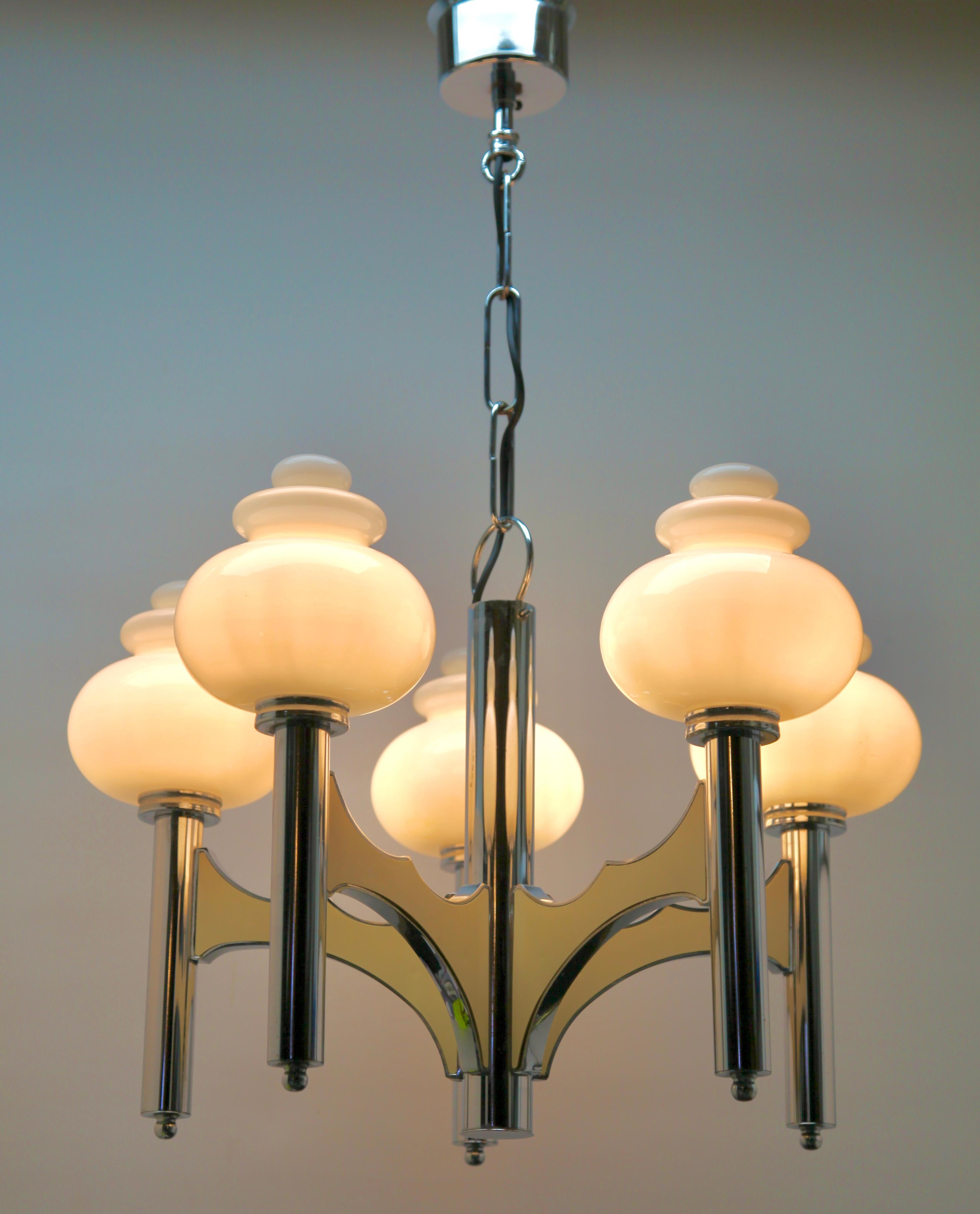 Scolari Five, Arms Chrome and Fife Withe Opaline Glass Globes Chandelier For Sale 8