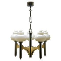 Araña Scolari de Cinco Brazos Cromada y Fife con Globos de Cristal Opalino