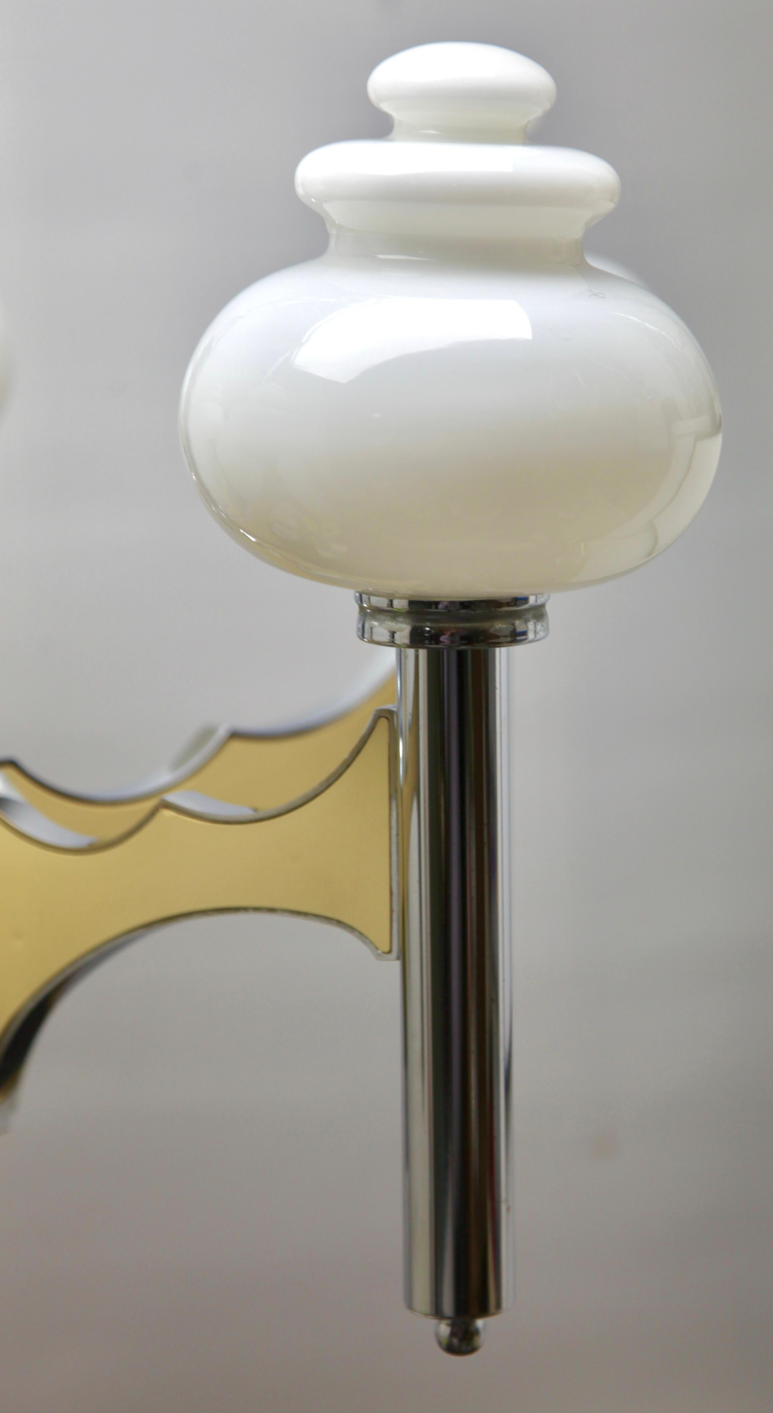 Hand-Crafted Scolari Five, Arms Chrome and Fife Withe Opaline Glass Globes Chandelier For Sale