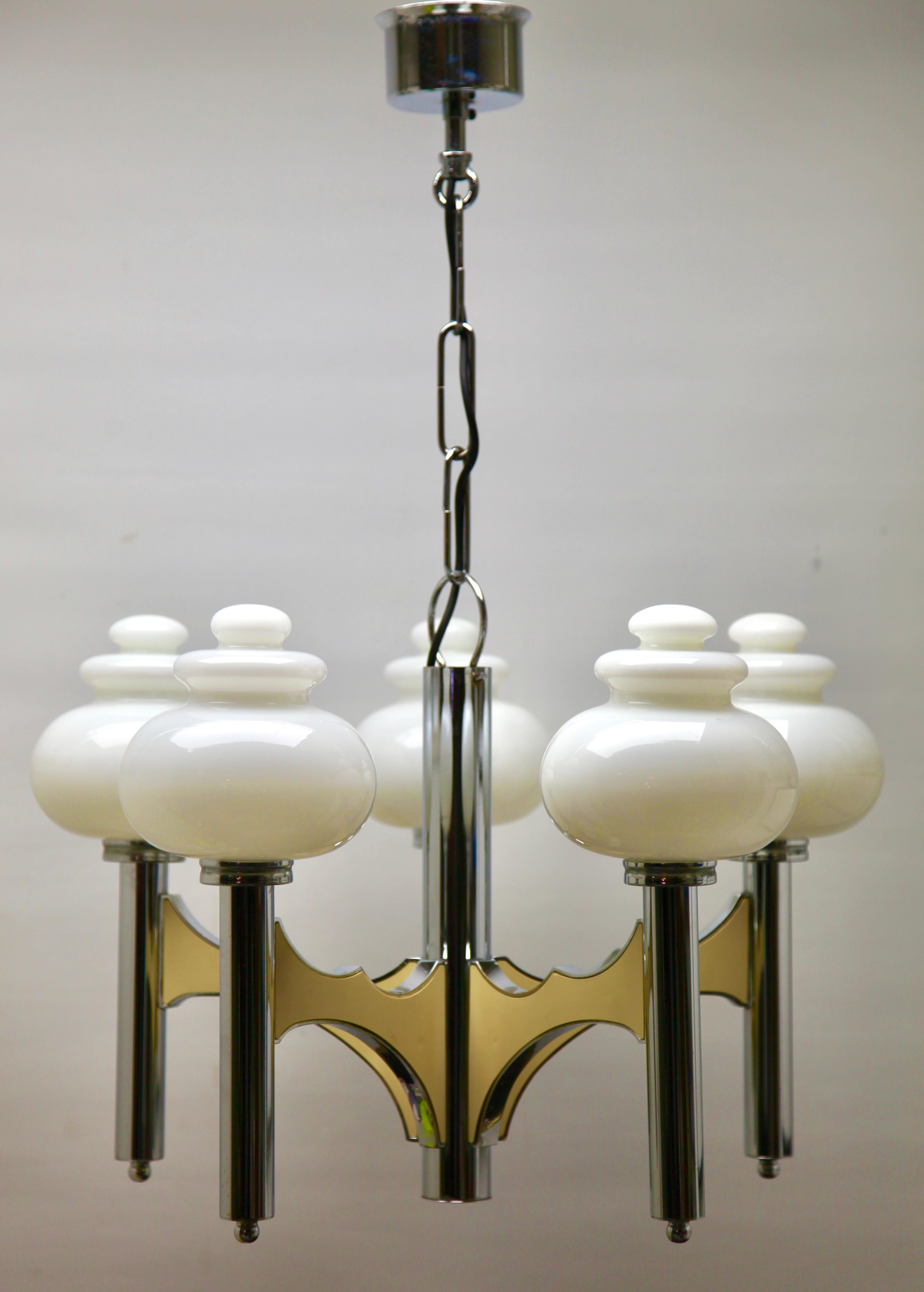 20th Century Scolari Five, Arms Chrome and Fife Withe Opaline Glass Globes Chandelier For Sale