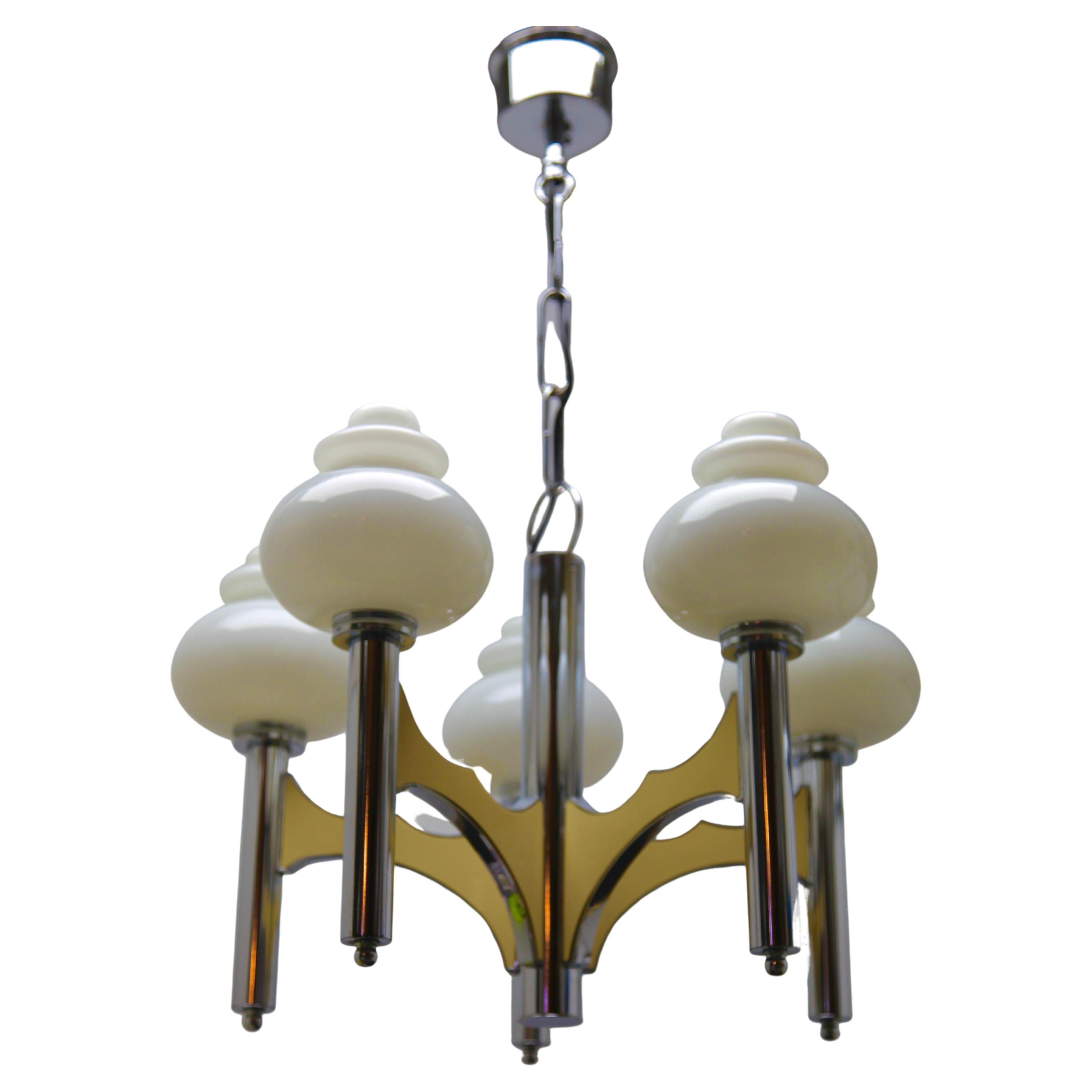 Scolari Five, Arms Chrome and Fife Withe Opaline Glass Globes Chandelier For Sale