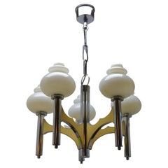 Scolari Five, Arms Chrome and Fife Withe Opaline Glass Globes Chandelier
