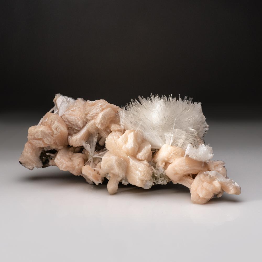 Scolecite on Stilbite From Nasik District, Maharashtra, India.

Large acicular spray of transparent scolecite crystals on pink stilbite crystal cluster matrix in large lustrous pink wheat sheave aggregates. The scolecite crystals have glassy