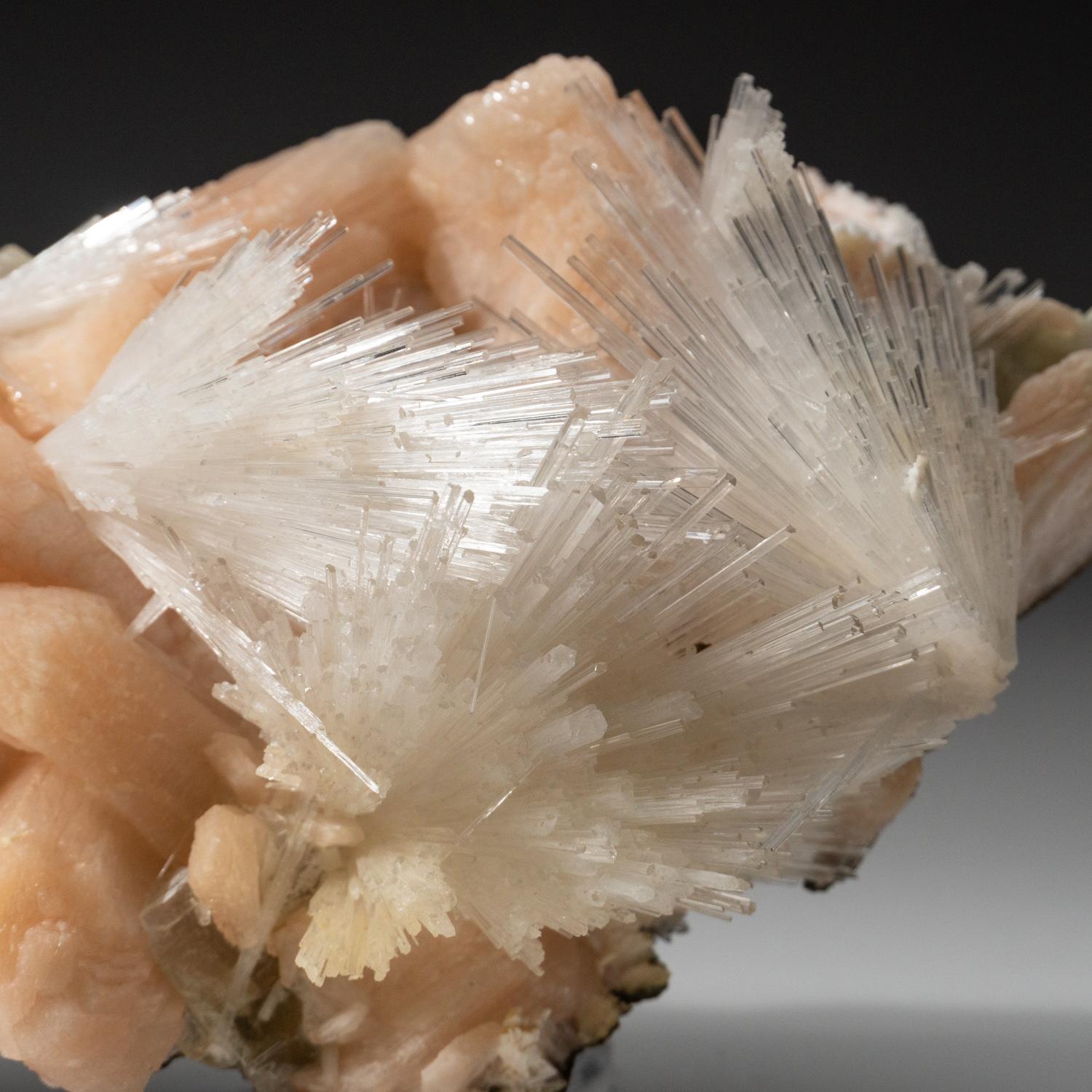 From Nasik District, Maharashtra, India

Large lustrous cluster of intersecting acicular sprays of scolectite crystals with matrix. The scolecite crystals have glassy crystal faces and are mostly translucent with transparent four-sided pyramidal