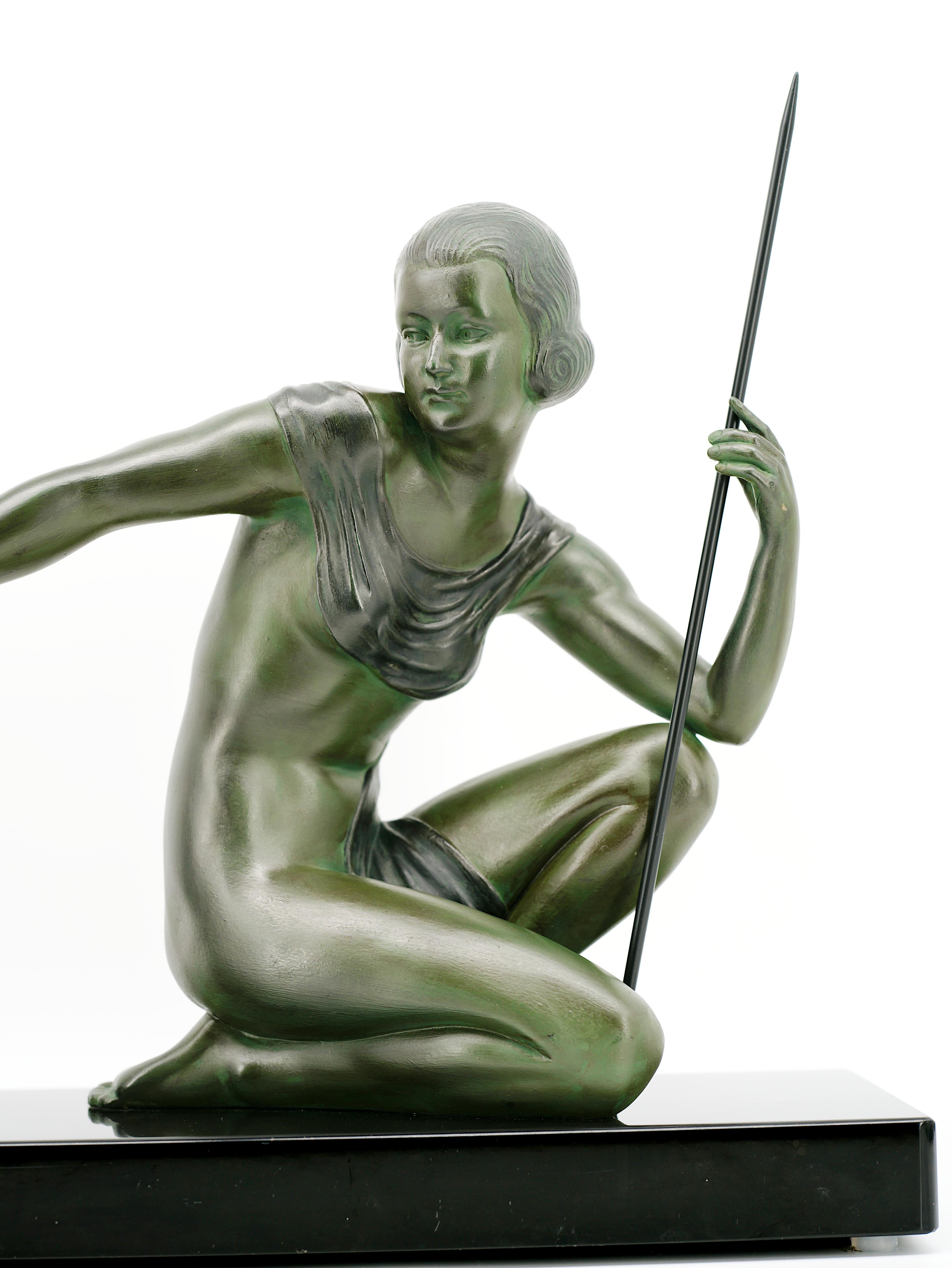 French SCOLISSE Art Deco Young Girl & Antelope Sculpture, 1920 For Sale