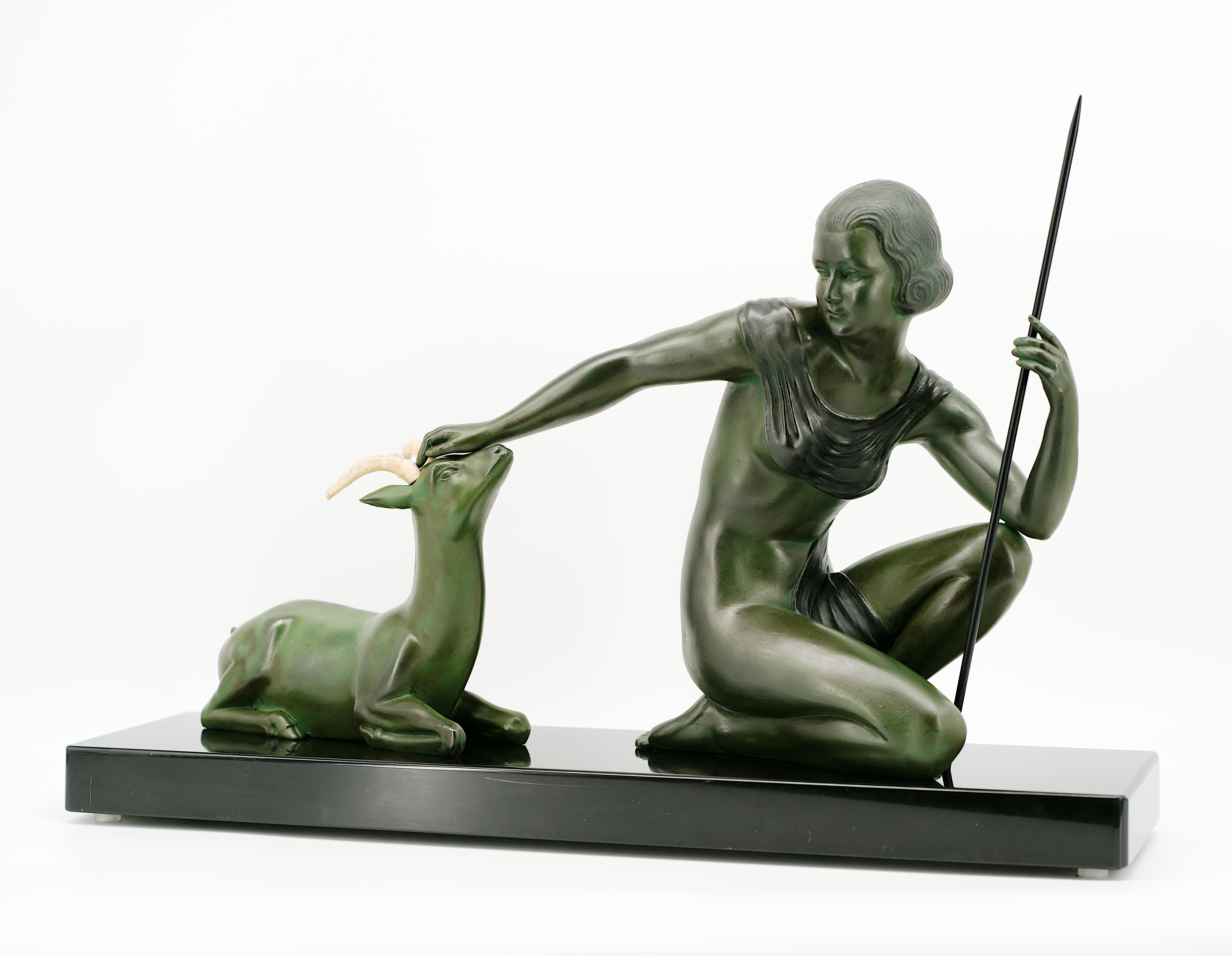 Early 20th Century SCOLISSE Art Deco Young Girl & Antelope Sculpture, 1920 For Sale