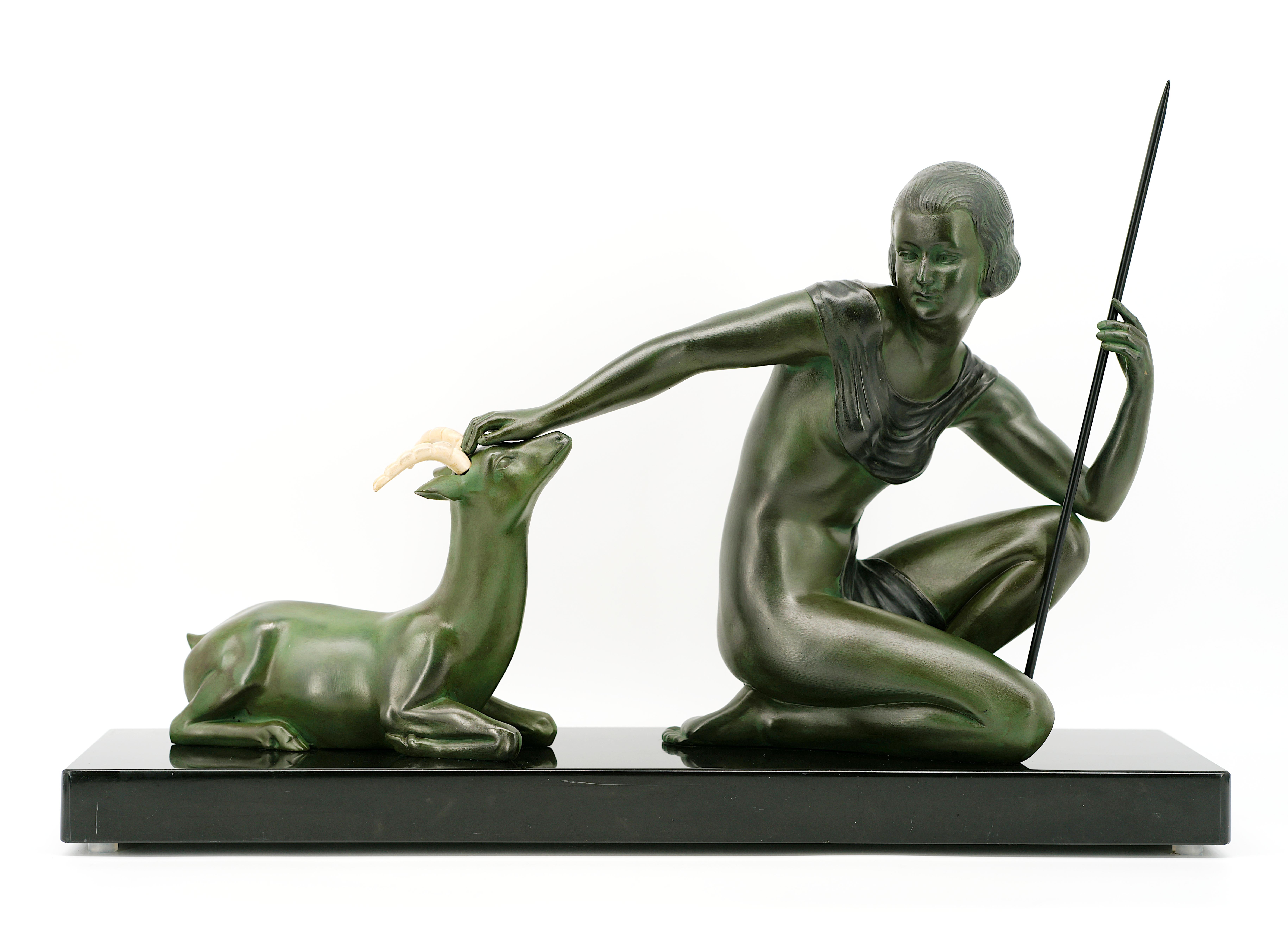 Spelter SCOLISSE Art Deco Young Girl & Antelope Sculpture, 1920 For Sale