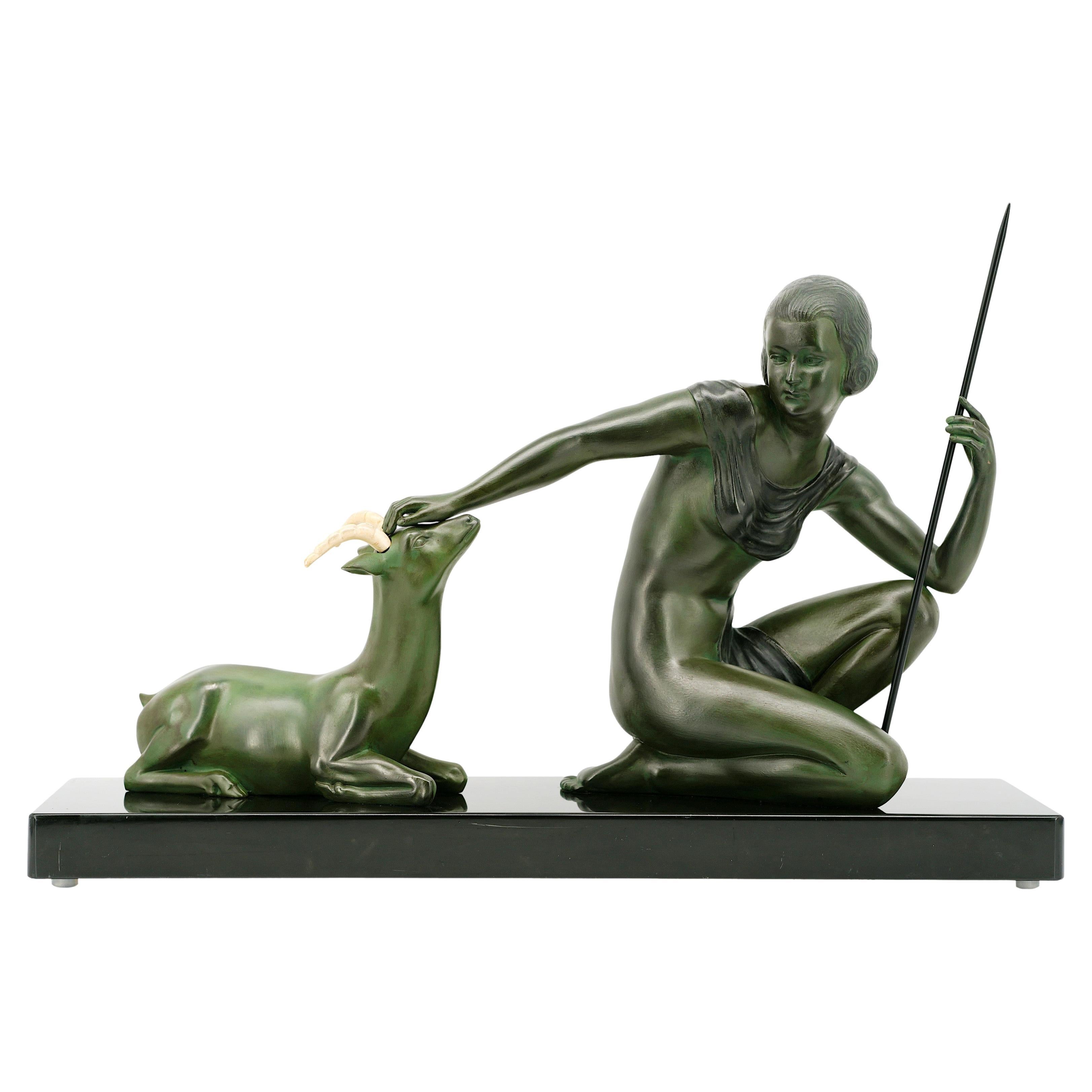 SCOLISSE Art Deco Young Girl & Antelope Sculpture, 1920