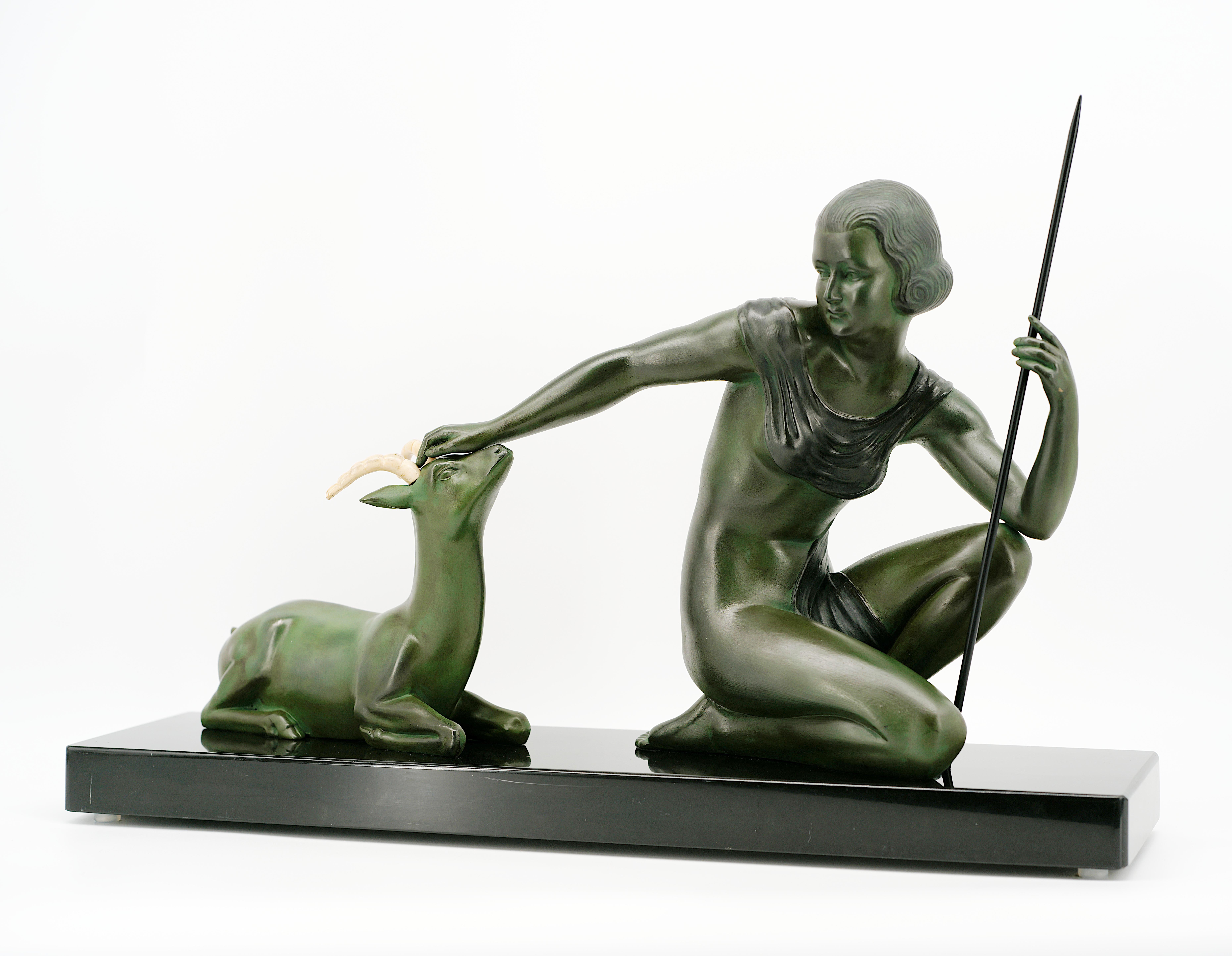 Spelter SCOLISSE French Art Deco Young Girl & Antelope Sculpture, ca.1930 For Sale