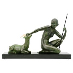 SCOLISSE French Art Deco Young Girl & Antelope Sculpture, ca.1930