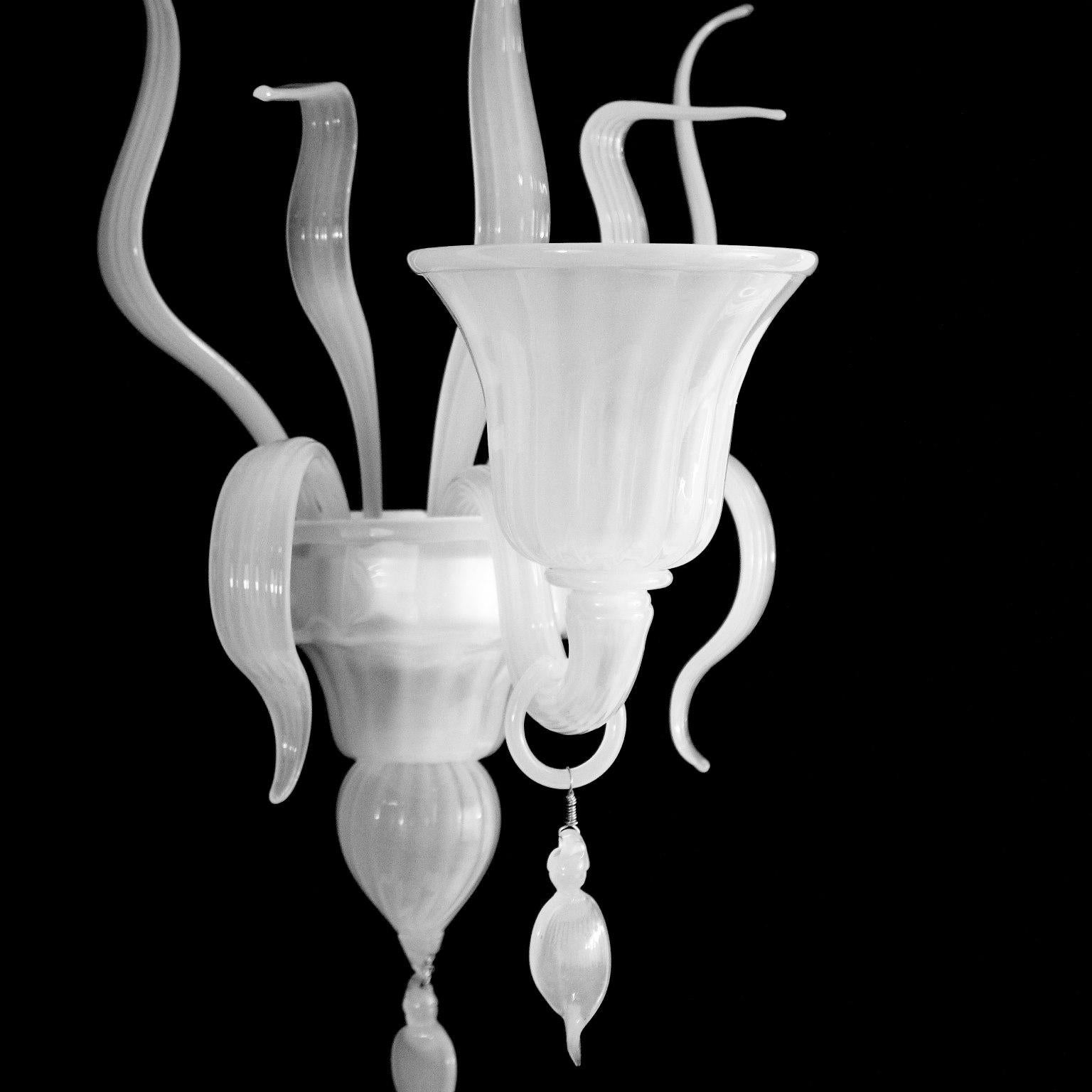 Italian Sconce 1 Arm White Silk Murano Glass with details by Multiforme in stock For Sale