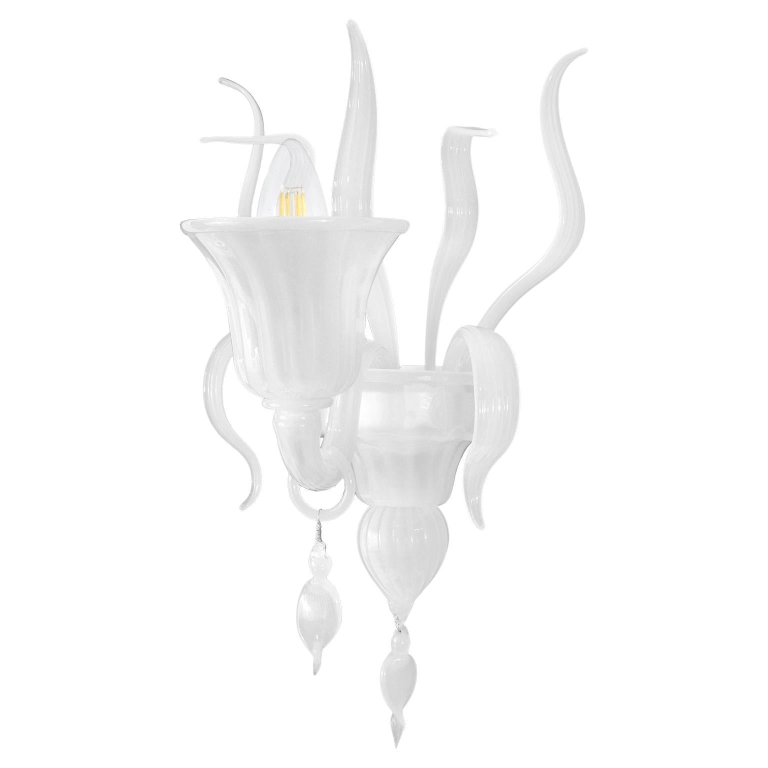 Sconce 1 Arm White Silk Murano Glass with details by Multiforme in stock For Sale