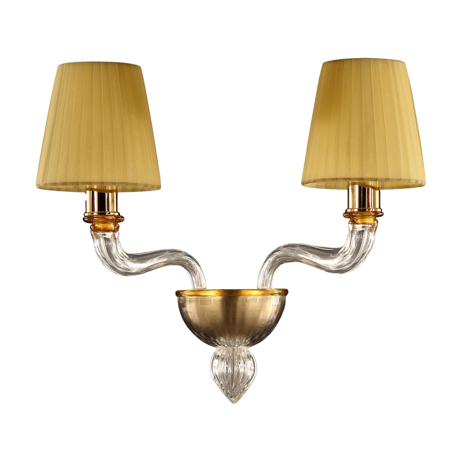 Sconce 2 Arms clear and amber Murano Glass, handmade Lampshades by Multiforme