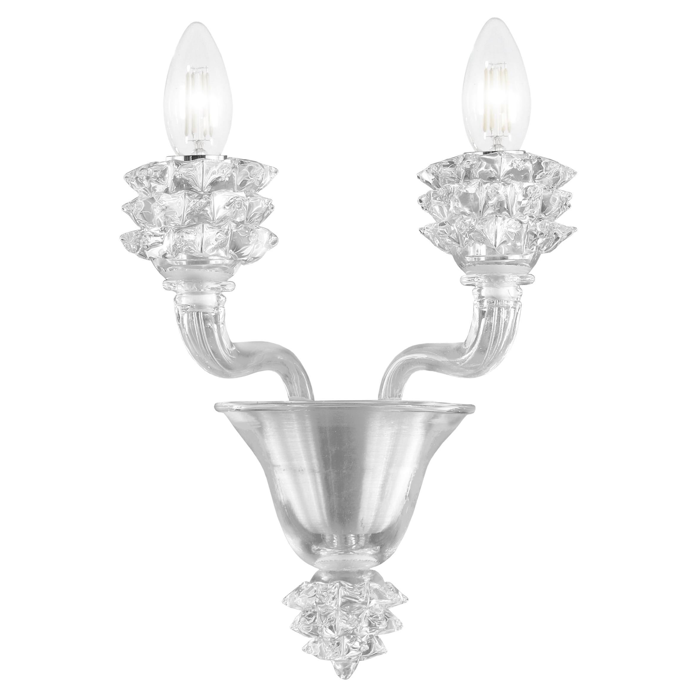 Sconce 2 Arms Clear Murano Glass Clear Rostri Details by Multiforme in Stock