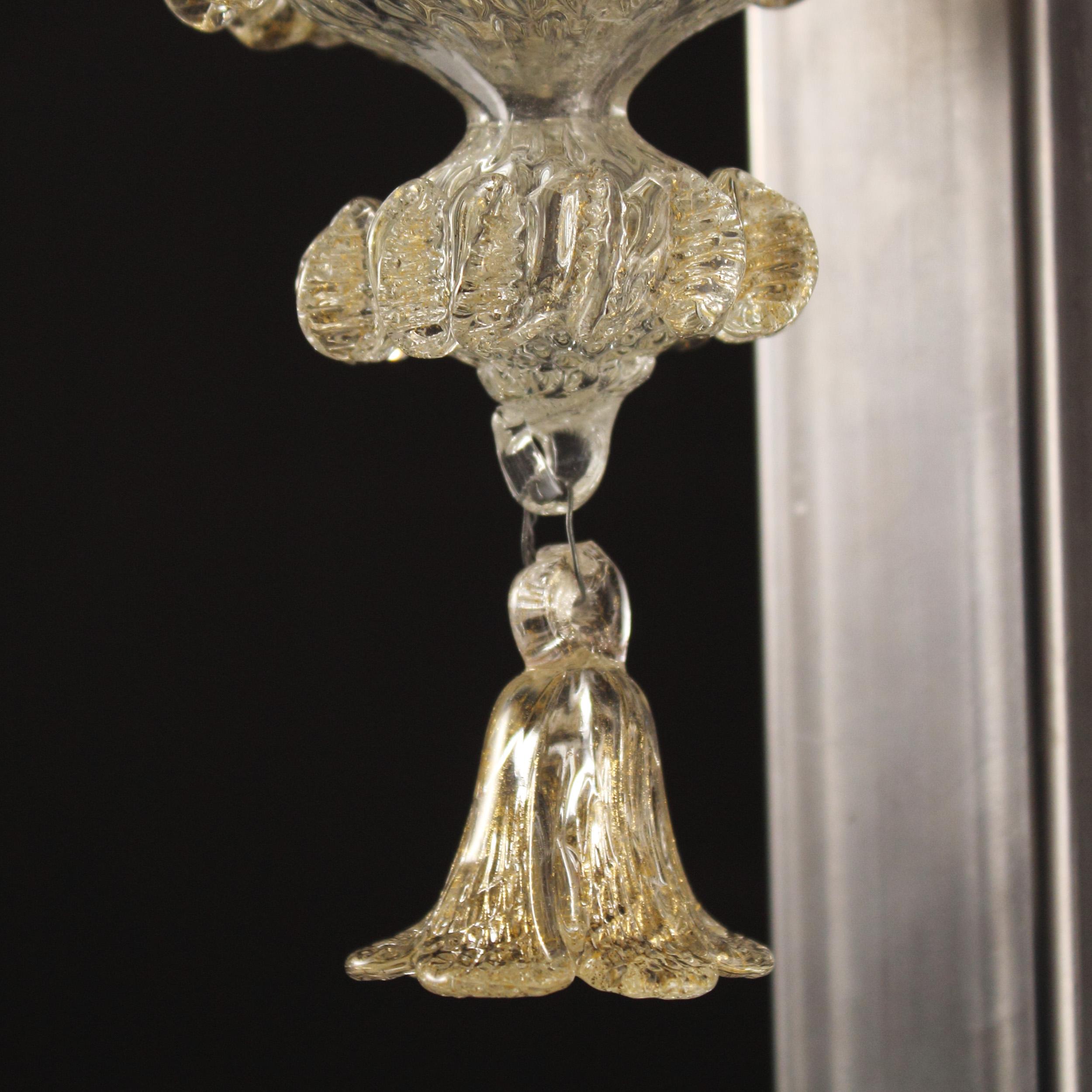 Blown Glass Sconce 2 Arms, Clear Murano Glass gold details by Multiforme in stock For Sale