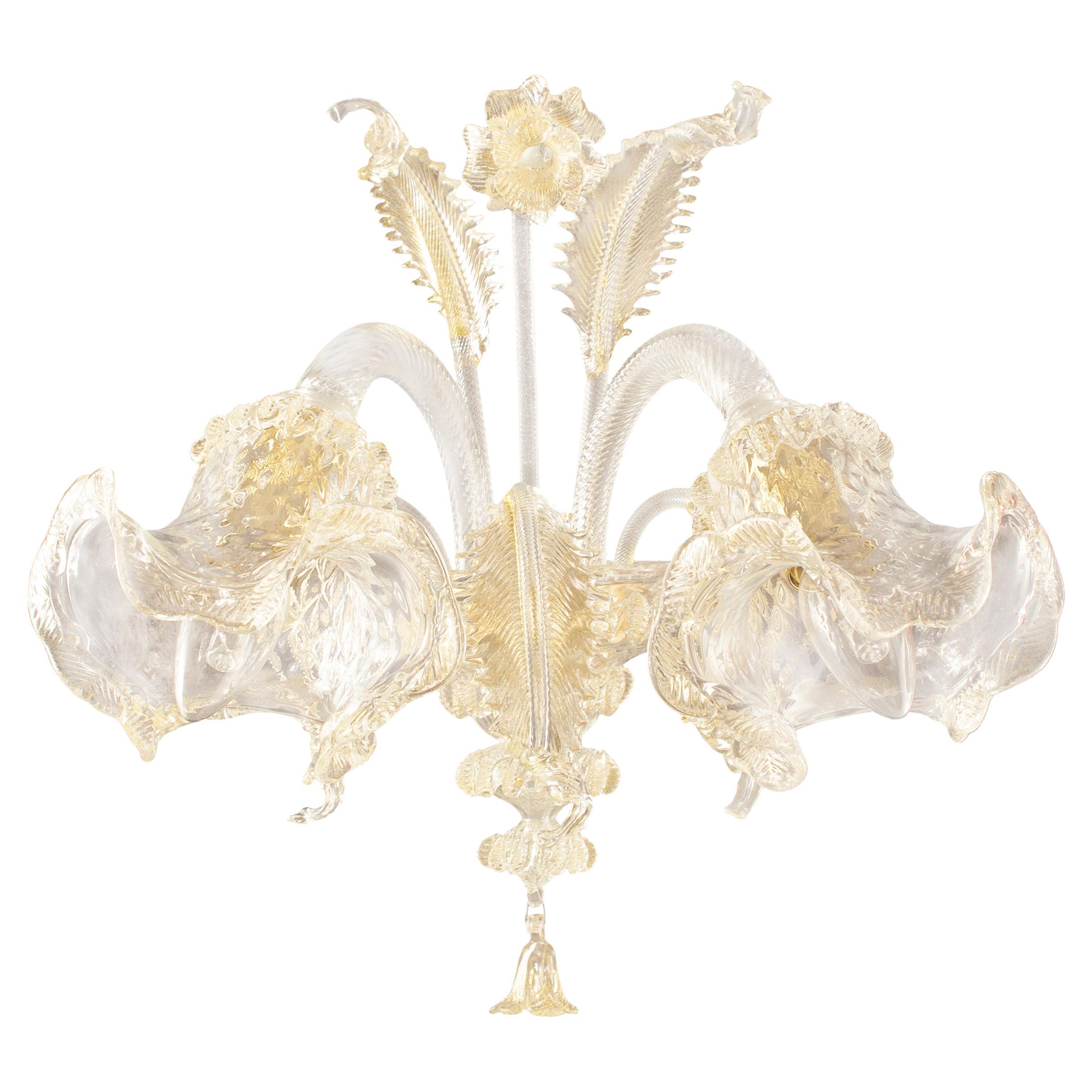 Sconce 2 Arms, Clear Murano Glass gold details by Multiforme in stock For Sale