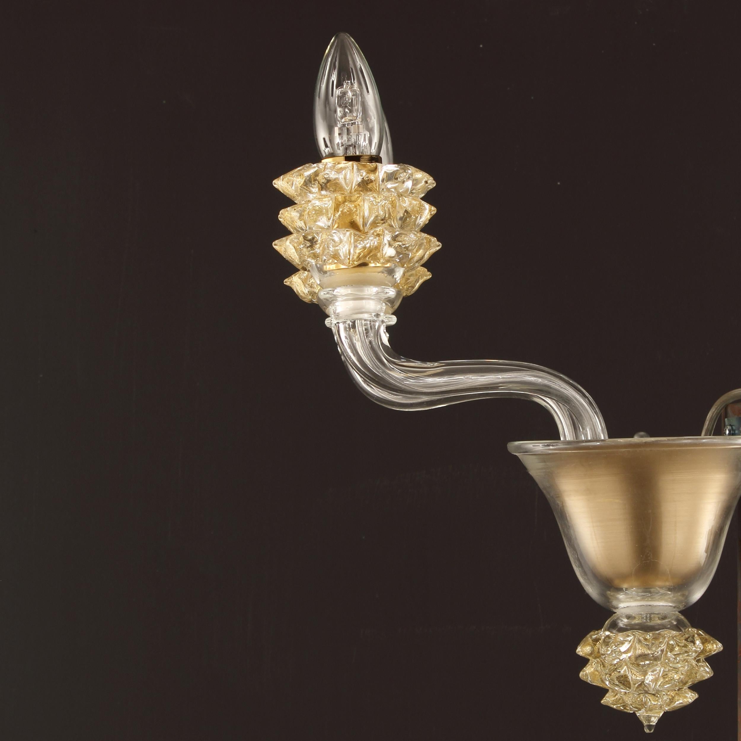 Italian Sconce 2 Arms Clear Murano Glass Gold Rostri Details by Multiforme in Stock For Sale