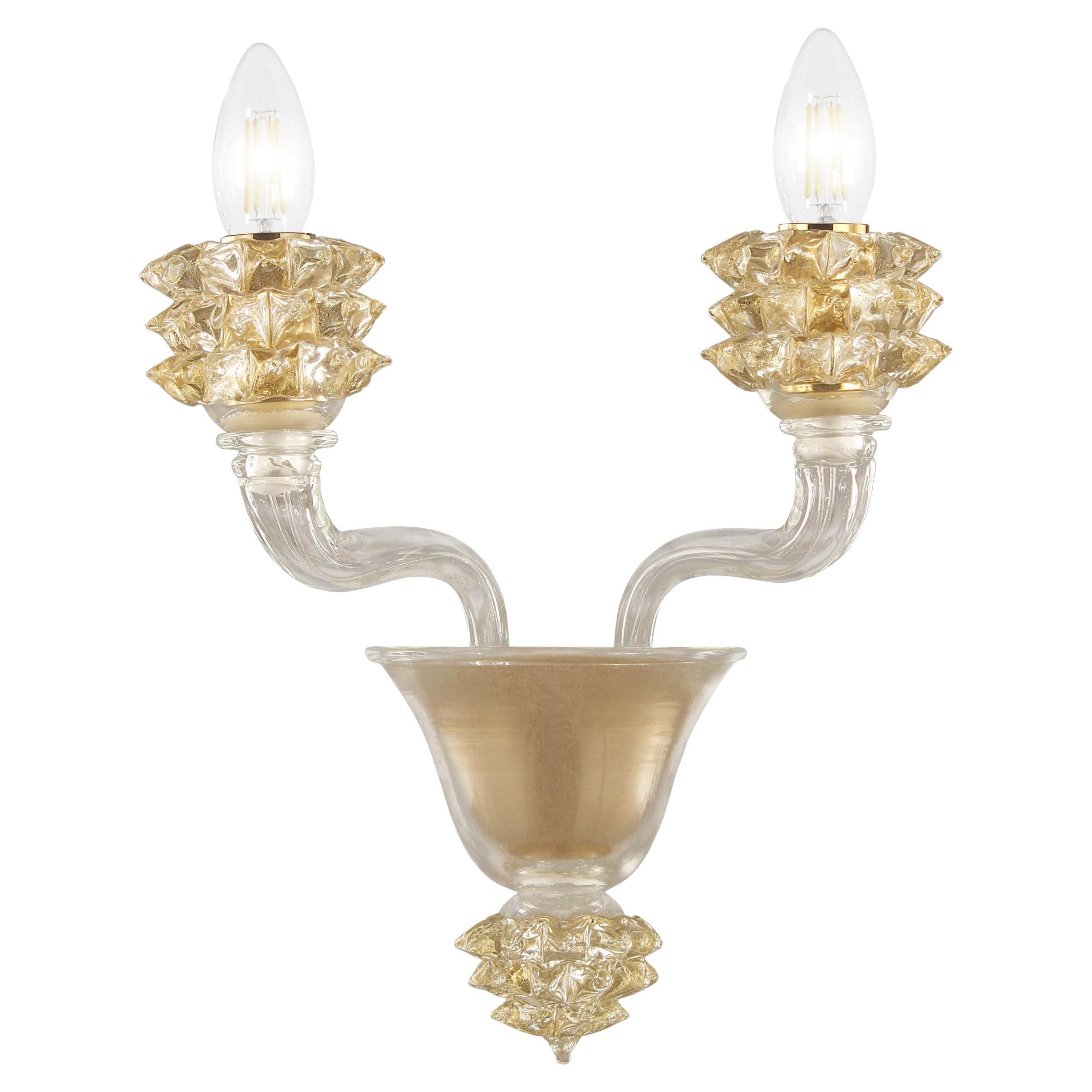 Sconce 2 Arms Clear Murano Glass Gold Rostri Details by Multiforme in Stock For Sale