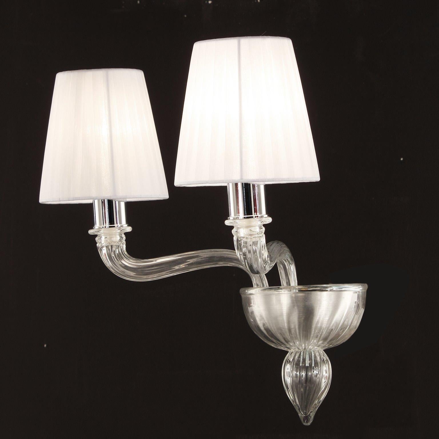 Sconce 2 Arms Clear Murano Glass, White Organza Lampshades by Multiforme In New Condition For Sale In Trebaseleghe, IT