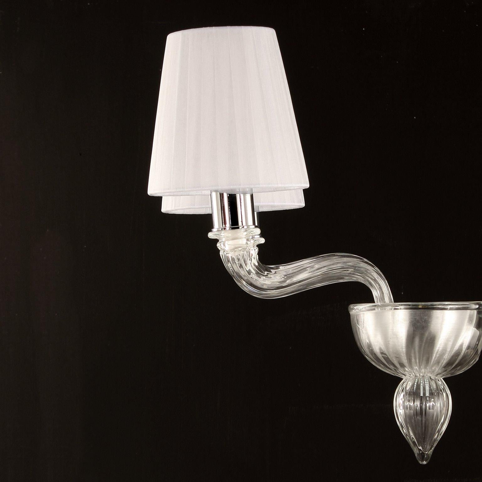 Contemporary Sconce 2 Arms Clear Murano Glass, White Organza Lampshades by Multiforme For Sale