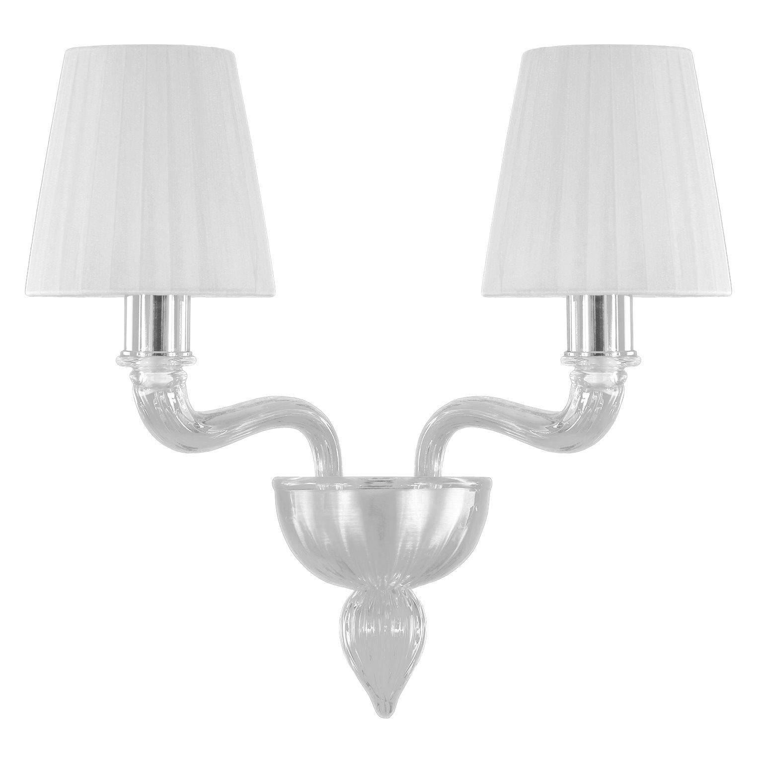 Sconce 2 Arms Clear Murano Glass, White Organza Lampshades by Multiforme For Sale