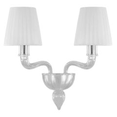 Sconce 2 Arms Clear Murano Glass, White Organza Lampshades by Multiforme