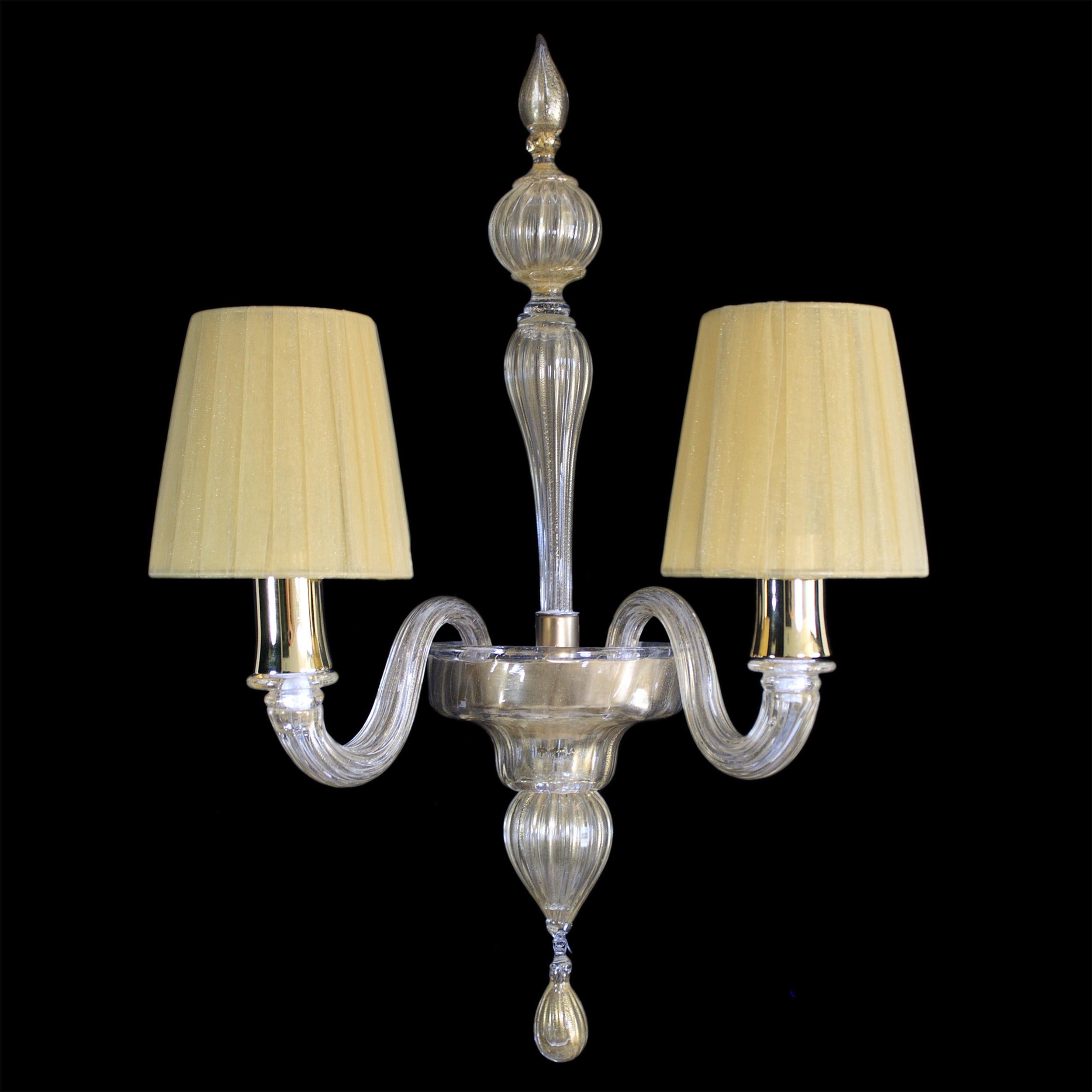 Chapeau is a classic and essential collection; it is handcrafted using high quality materials in Murano glass and handmade organza lampshades.
This murano glass sconce is finished with handmade lampshades, and it is available in many different