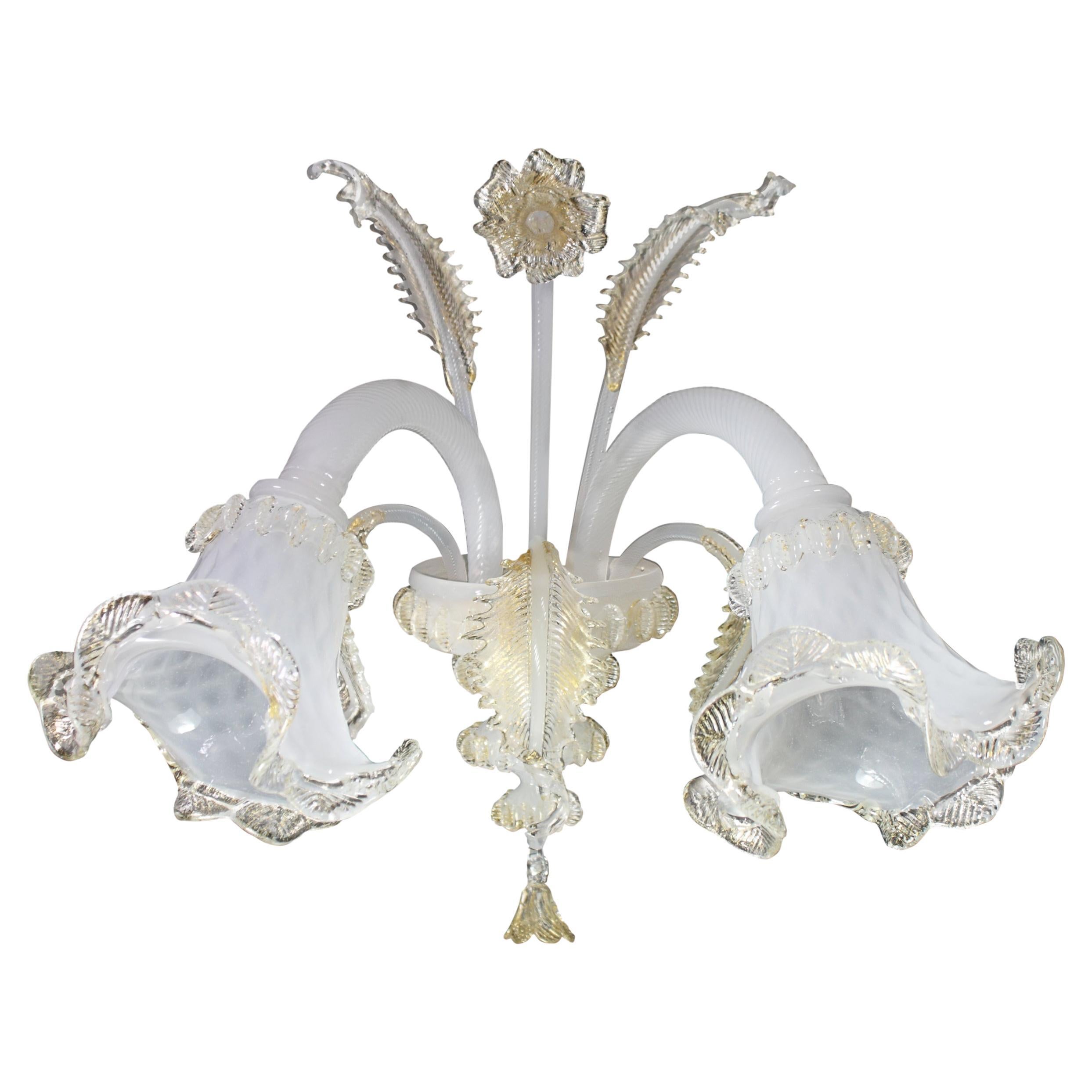 Sconce 2 Arms, Silk White Murano Glass gold details by Multiforme in stock
