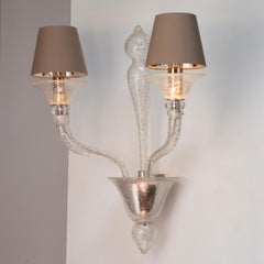 Sconce 2 Arms Silver Leaf and Clear Murano Glass with Lampshade by Multiforme
