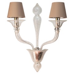 Sconce 2 Arms Silver Leaf and Clear Murano Glass with Lampshade by Multiforme