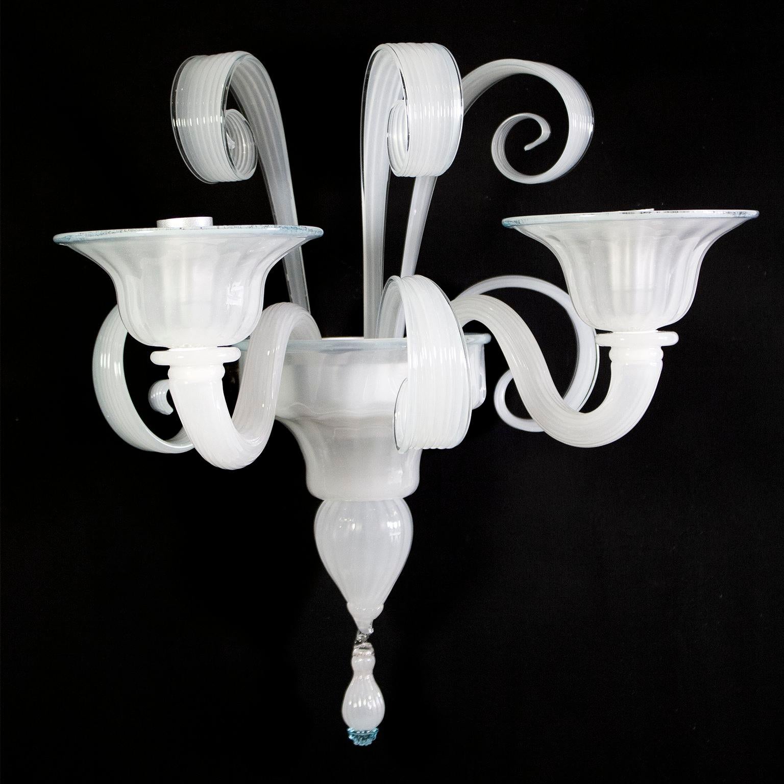 Blown Glass Sconce 2 Arms white silk Artistic Murano Glass Curled Details by Multiforme For Sale