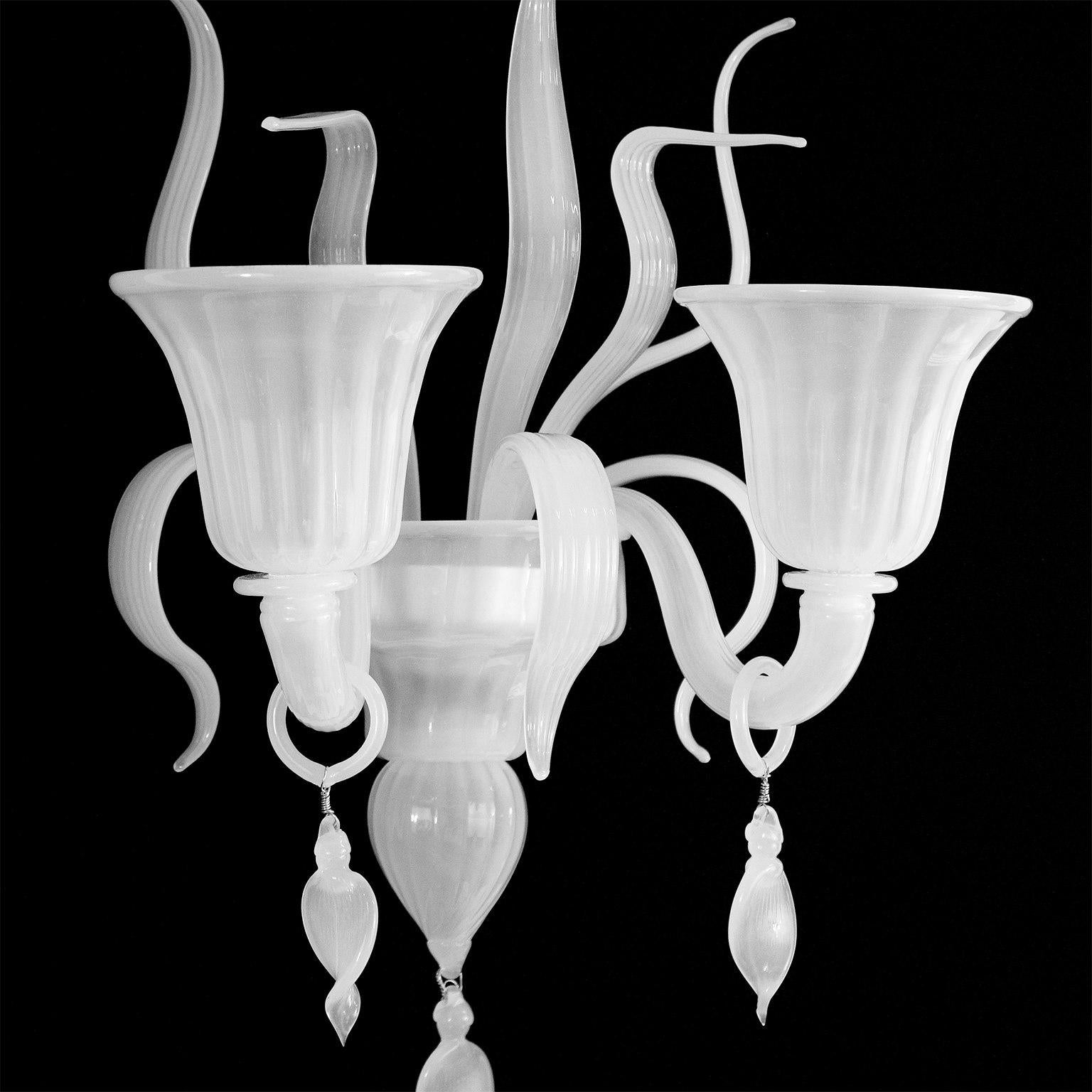 Italian Sconce 2 Arms White Silk Murano Glass with details by Multiforme in stock For Sale