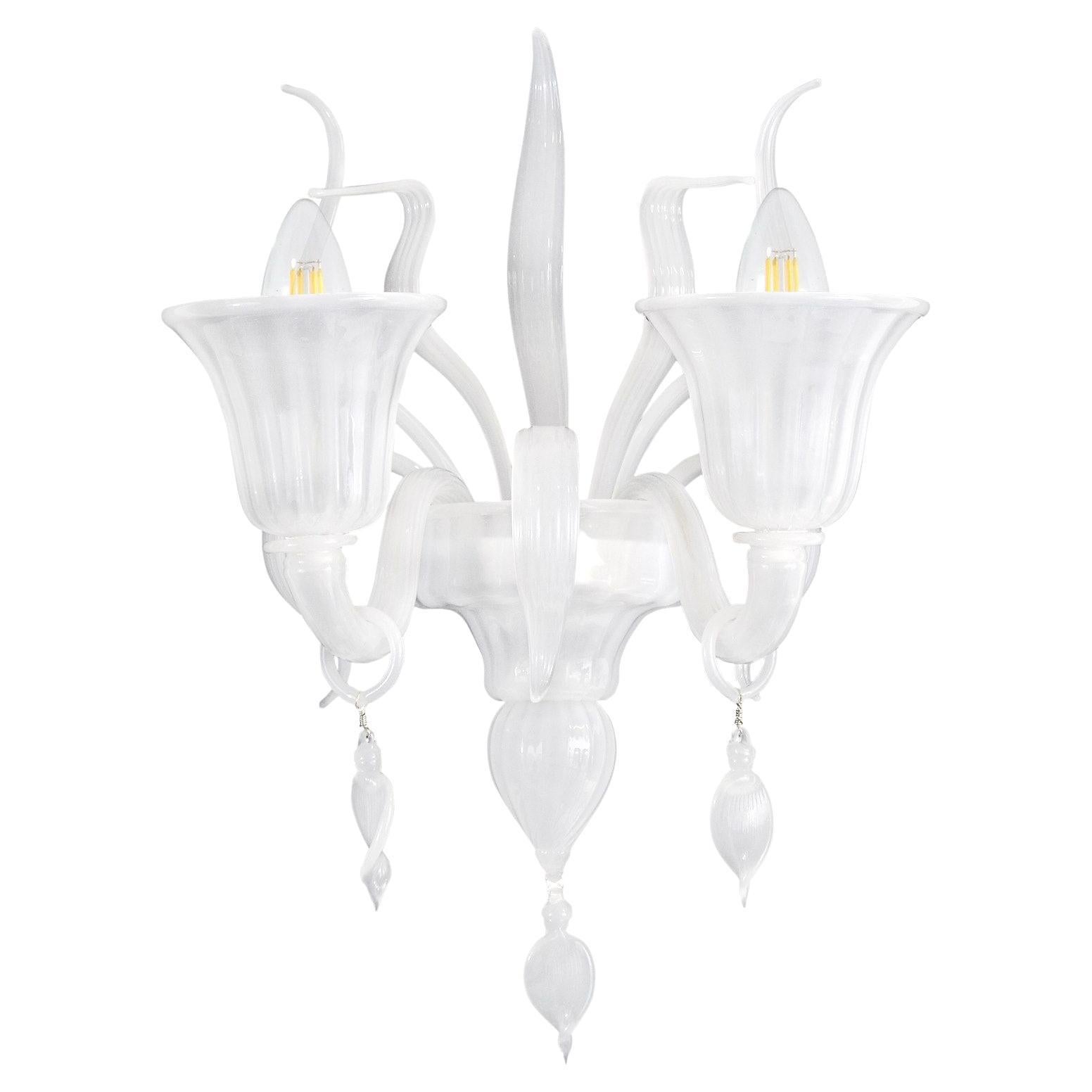 Sconce 2 Arms White Silk Murano Glass with details by Multiforme in stock