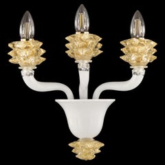Sconce 3 Arms White Murano Glass Gold Rostri Details by Multiforme in stock