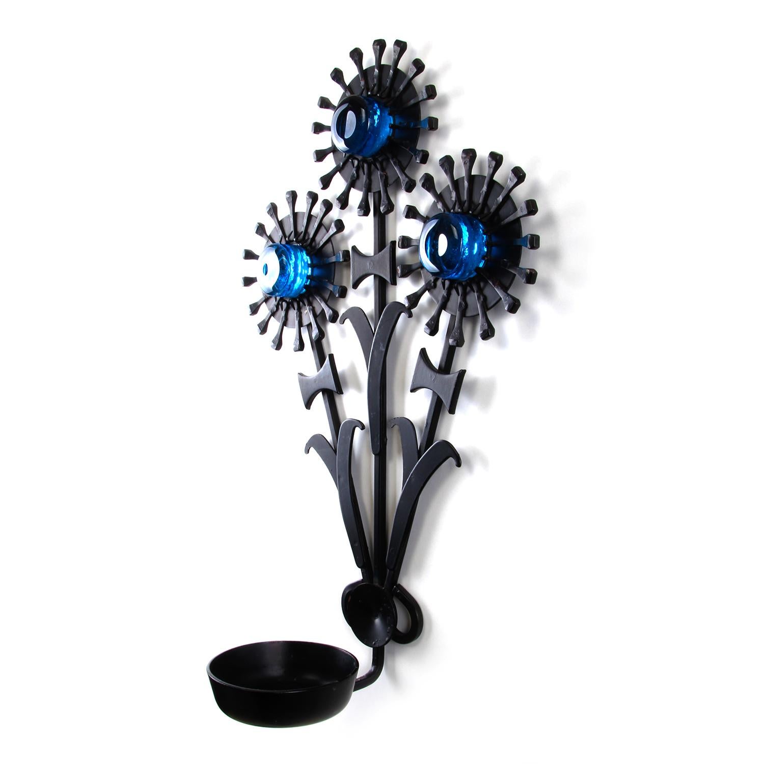Welded Sconce Black Iron Candleholder with Blue Glass by Danish Dantoft, 1960s For Sale