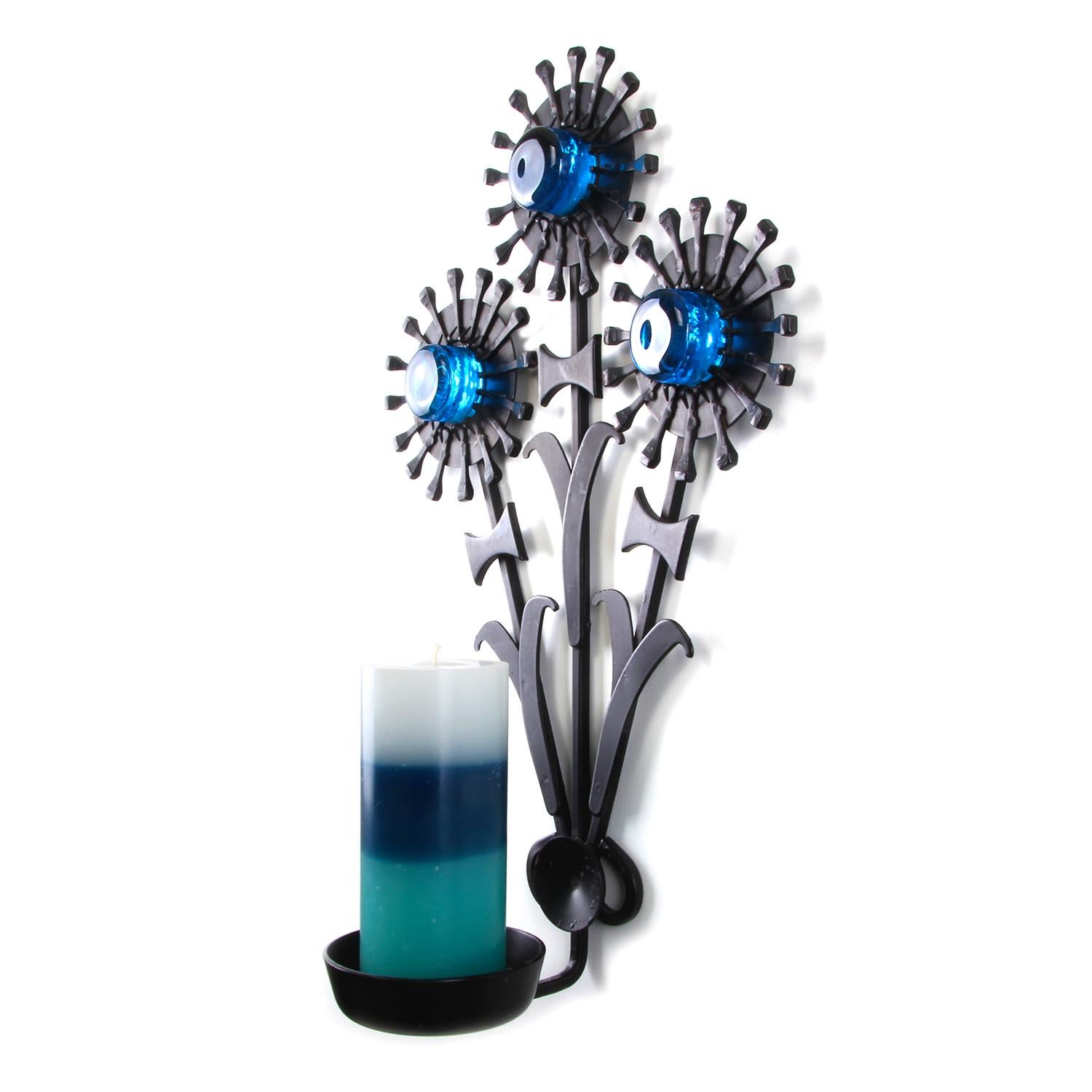 Sconce Black Iron Candleholder with Blue Glass by Danish Dantoft, 1960s In Good Condition For Sale In Brondby, Copenhagen